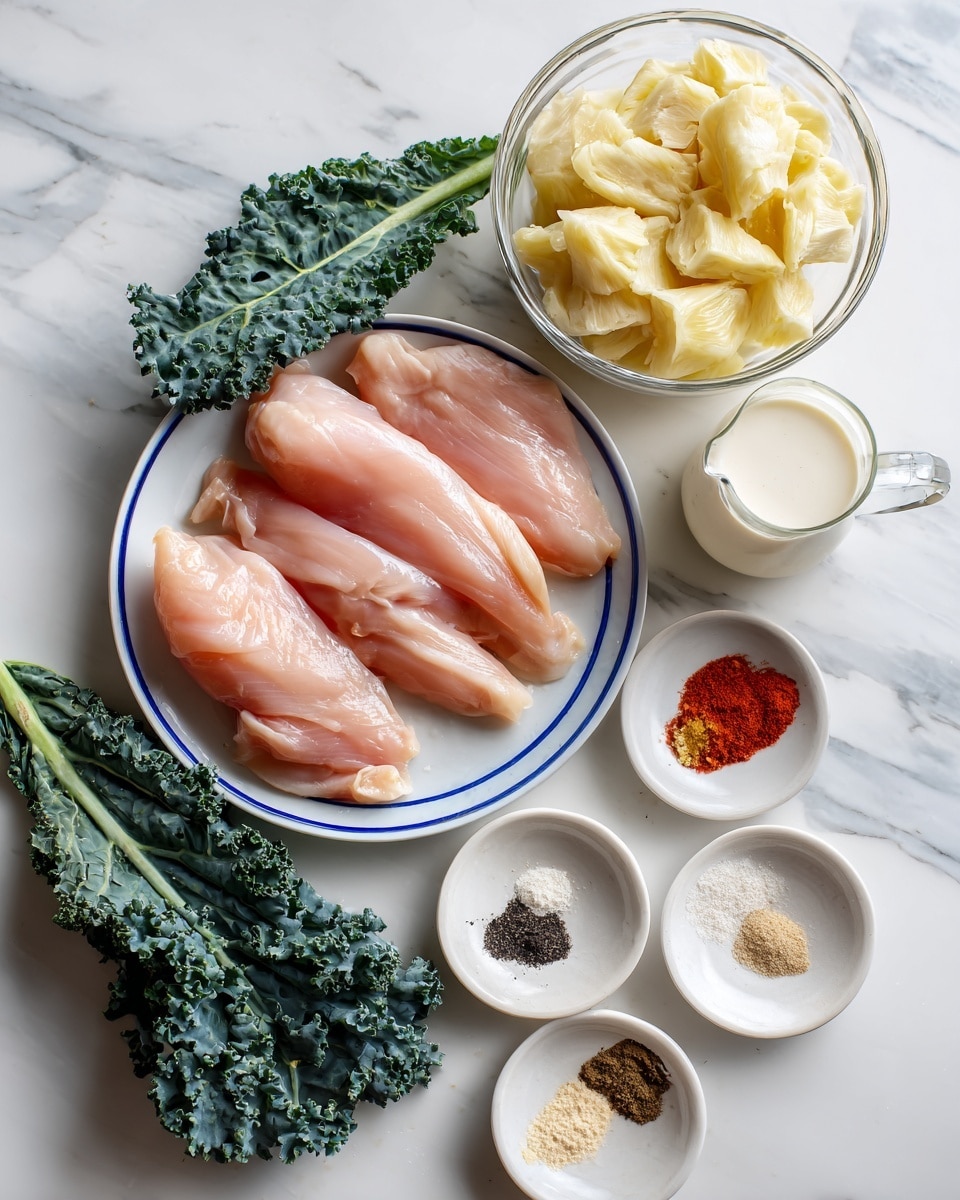 The image shows six pieces of raw chicken tenderloins with a light pink color placed on a white plate with a blue rim, a glass bowl filled with pale yellow jackfruit pieces, several green curly kale leaves lying flat, a small clear glass pitcher holding white creamy sauce, and a small white round plate with six piles of different powders and spices in colors white, black, red, light brown, and beige, all arranged on a white marbled surface photo taken with an iphone --ar 4:5 --v 7