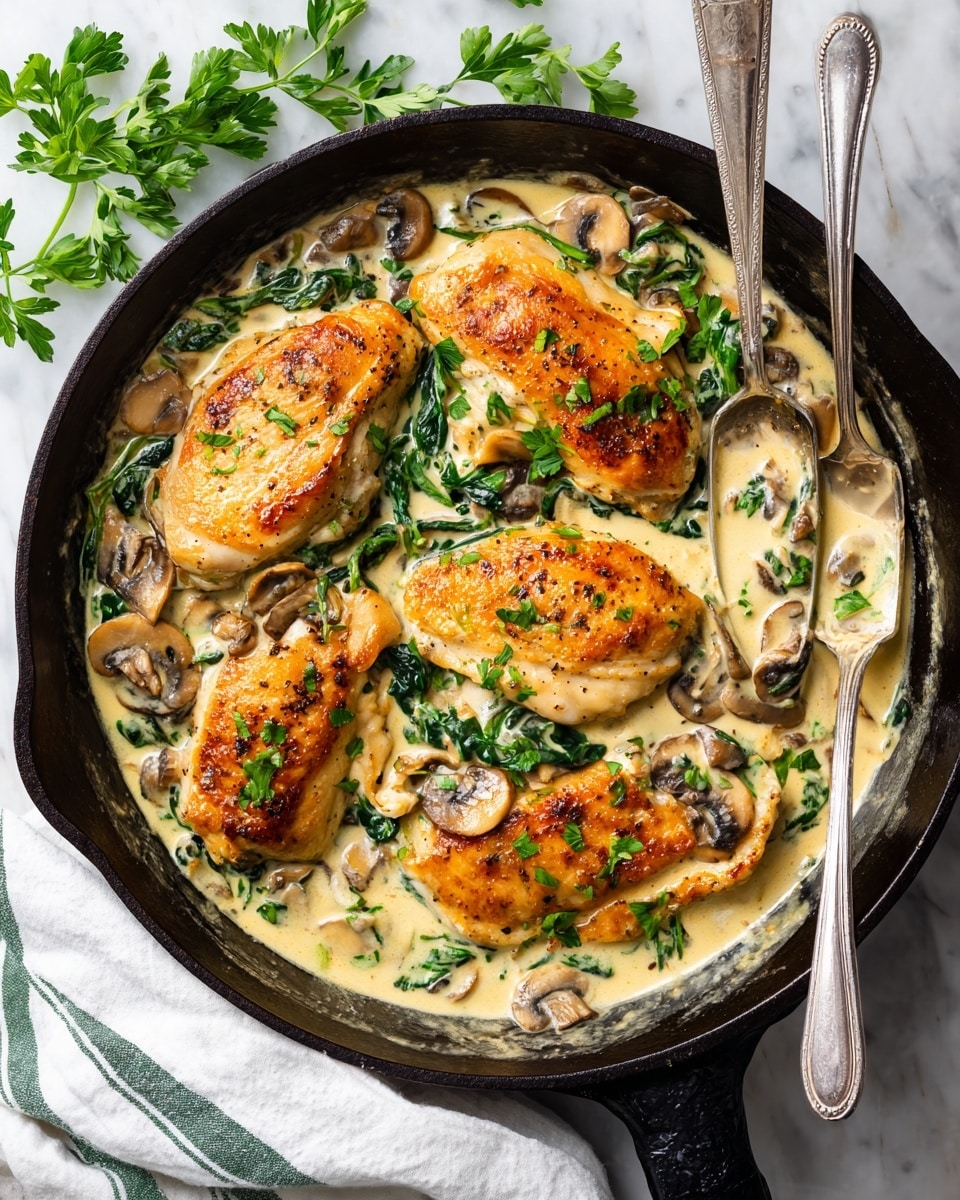 A black cast iron pan sits on a white marbled surface, filled with five pieces of golden brown cooked chicken placed evenly on top. Below the chicken is a creamy sauce layer with visible small mushrooms and green spinach leaves spread throughout. The dish is garnished with fresh green parsley leaves scattered on top of the chicken. Two silver forks rest inside the pan, one touching a piece of chicken. A white cloth with green and gray stripes lies beside the pan. Photo taken with an iphone --ar 4:5 --v 7