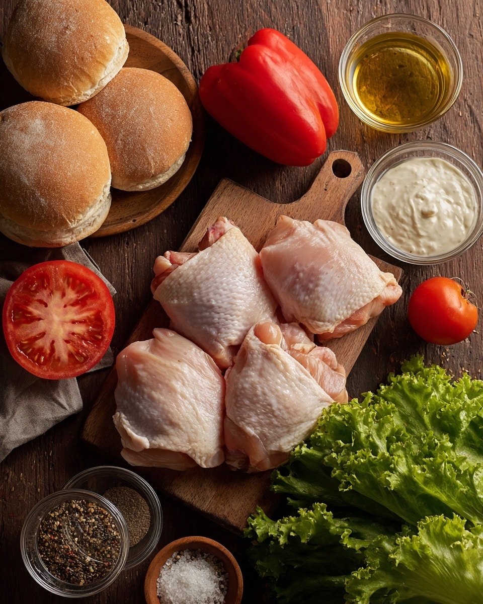 The image shows raw chicken thighs placed on a small wooden board, surrounded by a red bell pepper and a fresh tomato. To the left, there are three whole wheat sandwich buns stacked and small glass bowls containing oil, salt, and pepper. On the right side, fresh leafy green lettuce leaves are laid out next to several small glass bowls filled with white sauce, mayonnaise, and a mixture of spices. The background is a dark wood surface. photo taken with an iphone --ar 4:5 --v 7