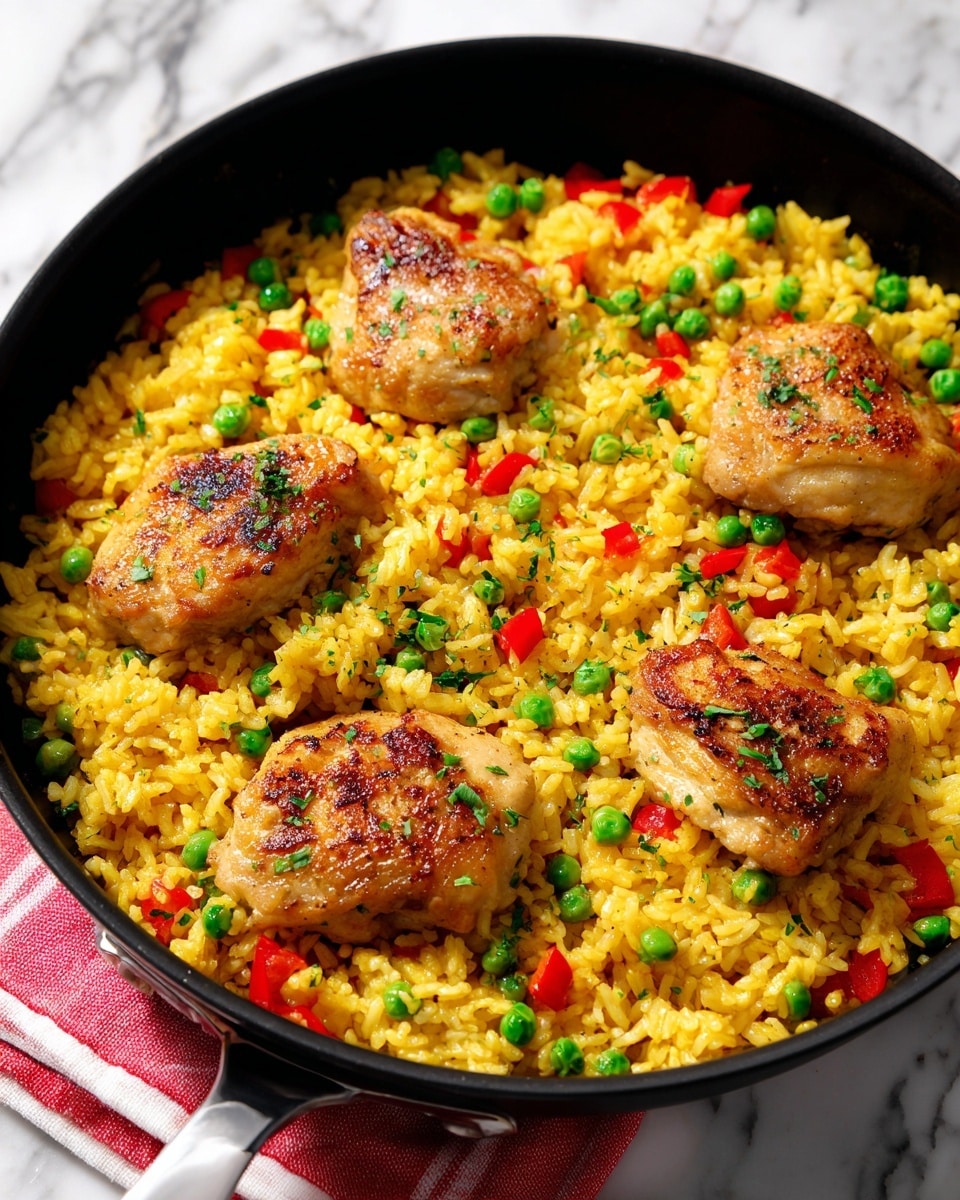 The image shows a black frying pan filled with yellow rice mixed with small green peas and red bell pepper pieces. On top of the rice, there are four golden-brown cooked chicken pieces arranged in a line, slightly overlapping each other. The pan sits on a red and white striped cloth, all placed on a white marbled surface. The rice looks fluffy and moist, with the chicken having a juicy texture and light sear marks. Photo taken with an iphone --ar 4:5 --v 7