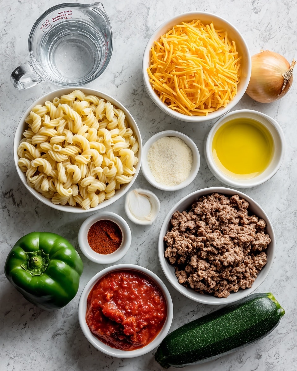 This image shows an overhead view of several ingredients arranged on a white marbled surface. In the center, there is a white bowl filled with short twisted pasta that is pale yellow. Above it, there is a white bowl with shredded orange cheese. To the left of the cheese bowl, a clear glass measuring cup holds water. Next to the water, there is a whole green bell pepper lying on the surface. Below the bell pepper, a small white bowl contains red tomato sauce with visible chunks. Below the sauce bowl, another small white bowl has reddish spices. To the right of the pasta bowl, a white bowl holds cooked brown ground meat. A whole zucchini with dark green skin is placed beside that bowl. Above the meat bowl, a whole unpeeled yellow onion is set on the surface. To the right of the onion, a small white bowl contains yellow cooking oil. Photo taken with an iphone --ar 4:5 --v 7