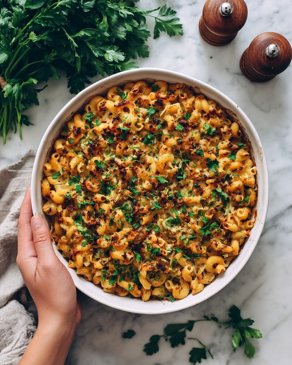 The image shows a white round baking dish filled with cooked elbow macaroni layered with a rich, golden-brown sauce mixed with small bits of vegetables or herbs. On top, there are scattered fresh green parsley leaves adding a fresh color contrast. The dish is placed on a white marbled surface, with a bunch of fresh parsley in the top left corner and a woman's hand slightly reaching towards the dish from the right side. Nearby, there are two small wooden-handled salt and pepper shakers resting on the marble background. The lighting is soft and natural, highlighting the textures and colors of the food. photo taken with an iphone --ar 4:5 --v 7