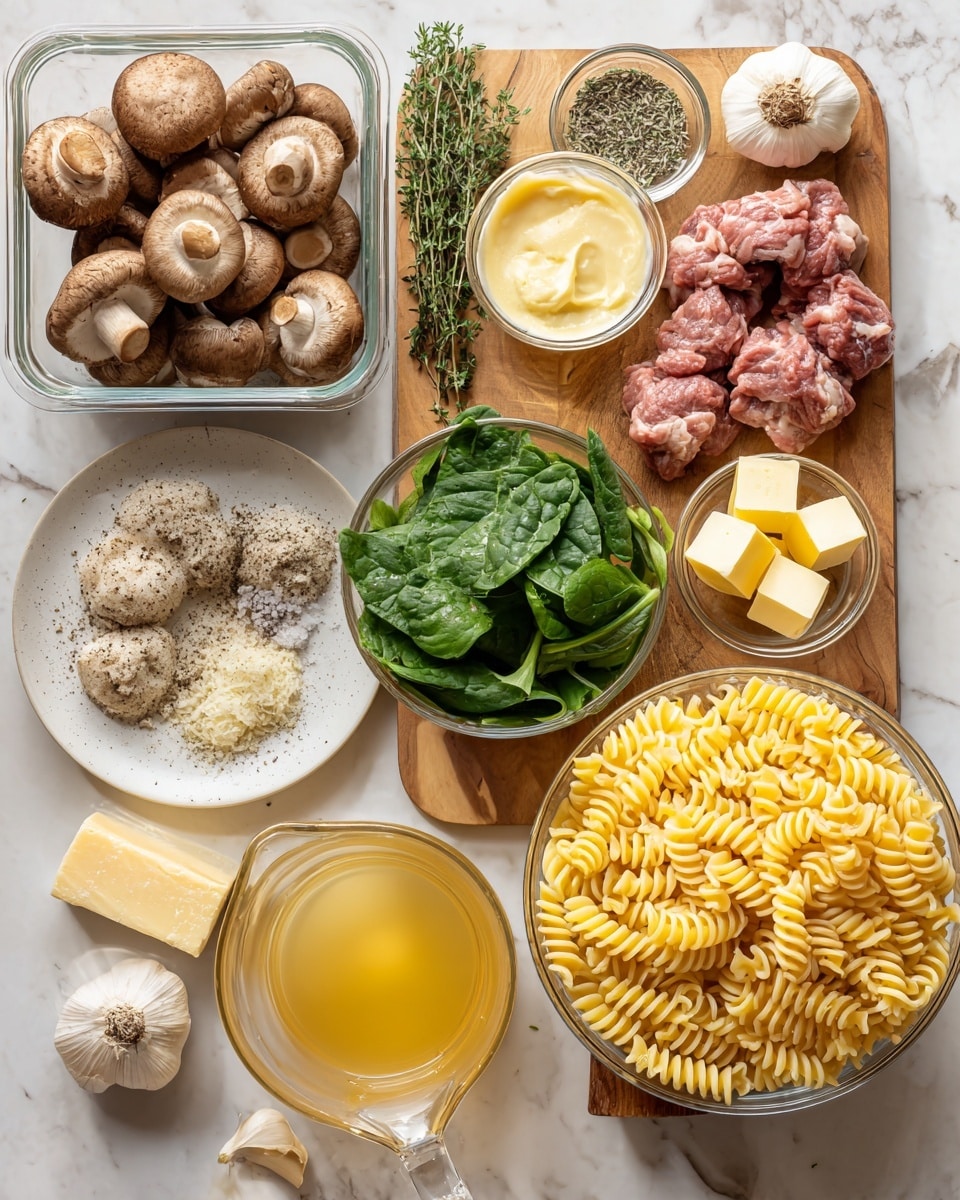 The image shows many cooking ingredients arranged neatly on a white marbled surface. At the top left, there is a clear container filled with whole brown mushrooms, with some sliced mushrooms spread nearby on a wooden cutting board that also holds a bunch of fresh green thyme and a small bowl of coarse salt. Next to this, a small glass bowl has a creamy yellow sauce. Below, a white plate contains raw pieces of meat seasoned with black pepper. Near the center, a clear glass bowl holds fresh bright green spinach leaves. To the right, a large glass bowl is filled with uncooked spiral pasta in yellow color. At the bottom, a clear glass measuring cup is filled with golden broth, and beside it are several small pieces of yellow butter. Other elements include a piece of hard cheese, a shallot cut in half, and three peeled garlic cloves. photo taken with an iphone --ar 4:5 --v 7