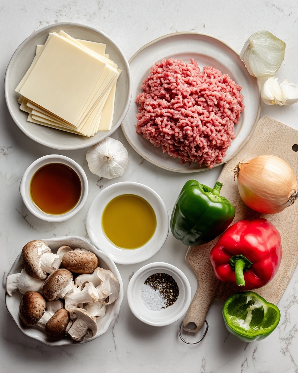 The image shows ingredients arranged neatly on a white marbled surface, including a white round plate filled with pink ground meat, a stack of six pale yellow cheese slices placed beside it, and a white bowl of brown mushrooms below. A wooden cutting board on the right holds a whole light brown onion, two peeled garlic cloves, a green bell pepper, and a red bell pepper, all whole. There are also four small white ceramic bowls containing various liquids and seasonings: one with clear amber broth, one with a small amount of yellow mustard, one with a dark soy-colored sauce, and one with olive oil. An additional small white plate holds white salt and black pepper flakes. photo taken with an iphone --ar 4:5 --v 7