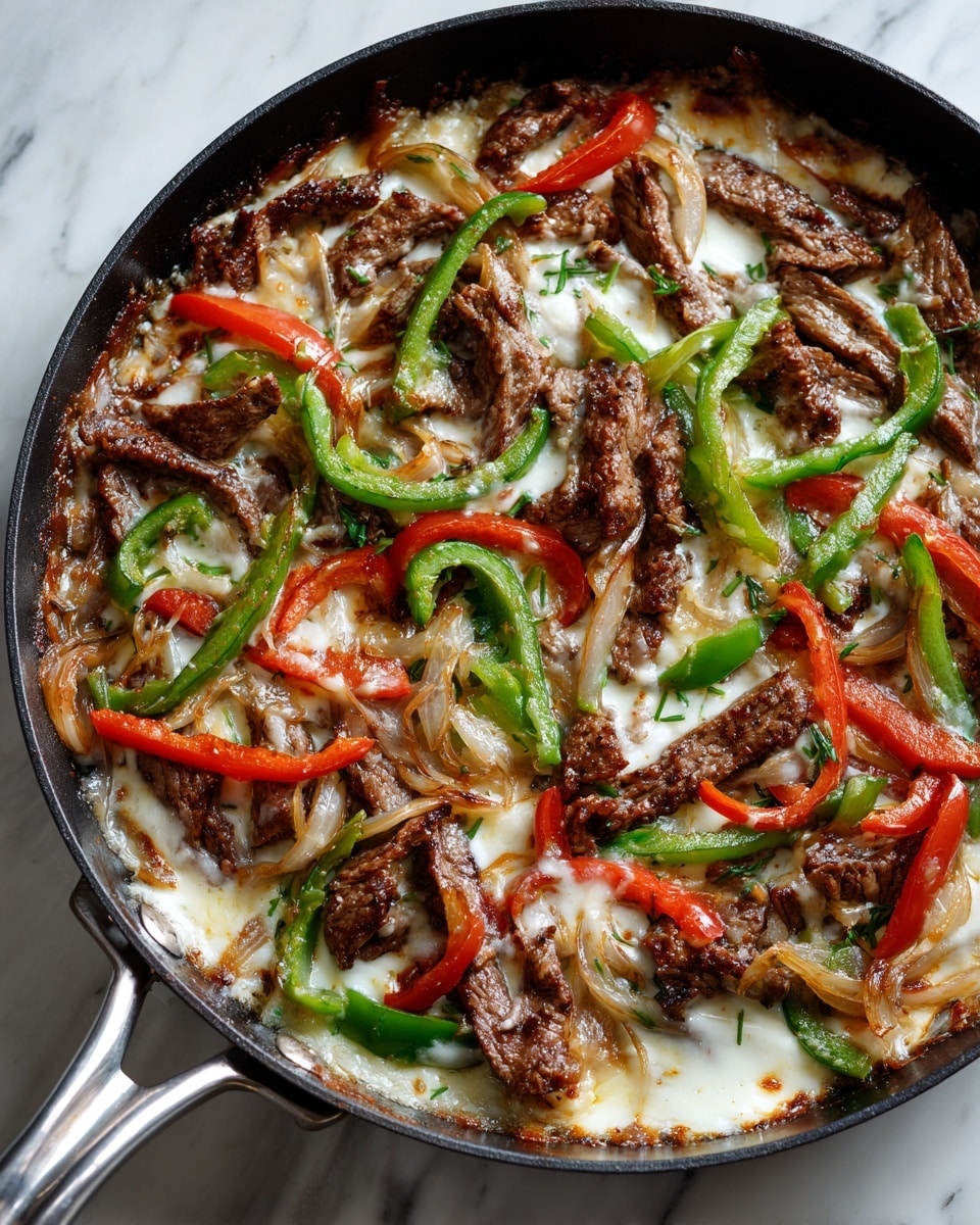 The image shows a close-up of a skillet with layers of cooked steak strips, green and red bell pepper slices, and thin onion slices. The top layer is melted white cheese spread unevenly over the meat and vegetables, creating a creamy texture. The steak strips are browned and glossy, mixed well with the bright, slightly charred peppers and onions, all set on a black skillet with a silver handle. The skillet rests on a white marbled surface. photo taken with an iphone --ar 4:5 --v 7