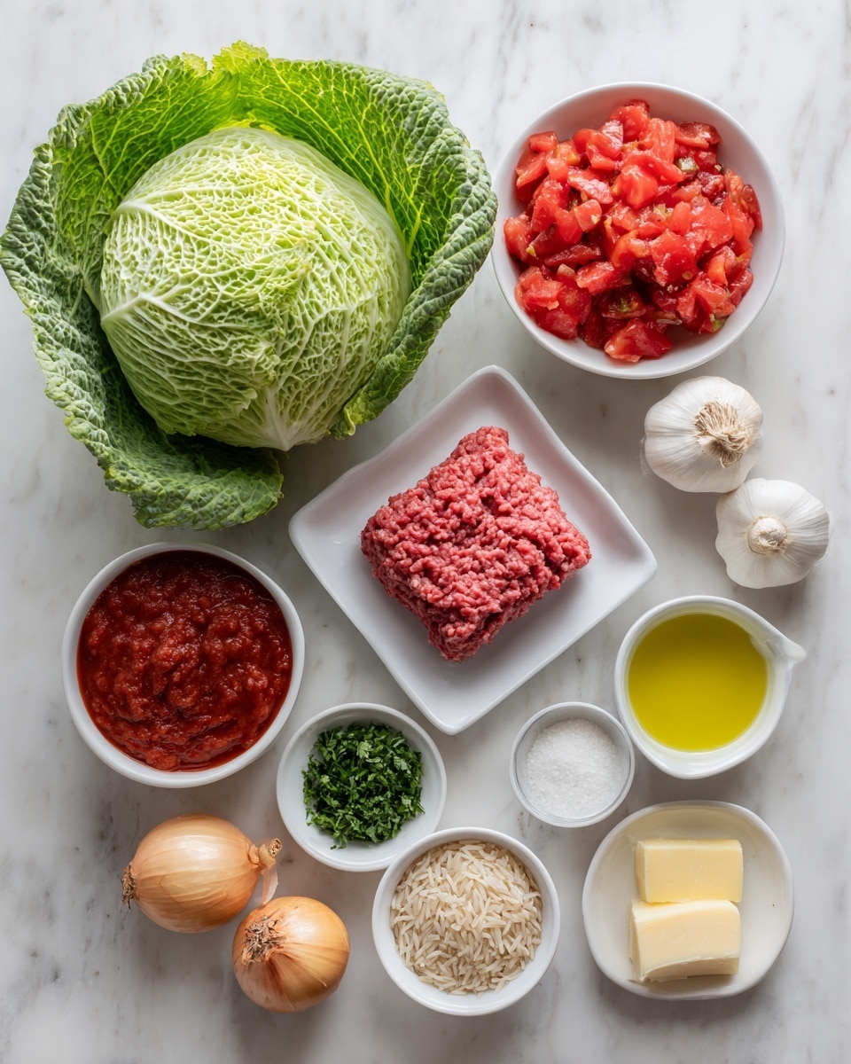 The image shows fresh ingredients laid out on a white marbled surface, including a large green cabbage on the left with visible textured leaves, two white bowls filled with vibrant red diced tomatoes and rich red tomato sauce at the top right and bottom middle, a white plate with a neat square of raw ground beef at the right, and several small white and green bowls holding salt, olive oil, spices, grated cheese with a yellow butter chunk, and chopped fresh herbs. There are also whole garlic bulbs and two tan onions near the bottom with a small bowl of mixed rice grains. The colors are fresh and natural, showing the ingredients in clear detail, arranged neatly with no clutter, photo taken with an iphone --ar 4:5 --v 7