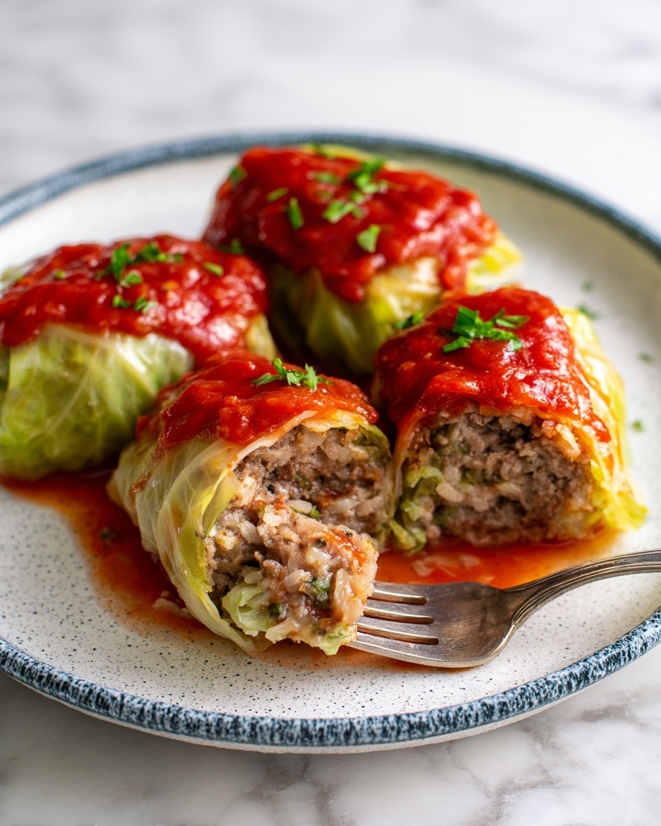 Three stuffed cabbage rolls sit on a white plate with blue speckled edges, each covered in a shiny red tomato sauce and topped with small pieces of green herbs. The rolls have three clear layers: an outer pale green cabbage leaf, a thick middle of brown cooked ground meat mixed with bits of rice and vegetables, and a smooth tomato sauce layer on top. The plate rests on a white marbled surface, and a metal fork touches one roll, showing a bite revealing the texture inside. Photo taken with an iphone --ar 4:5 --v 7