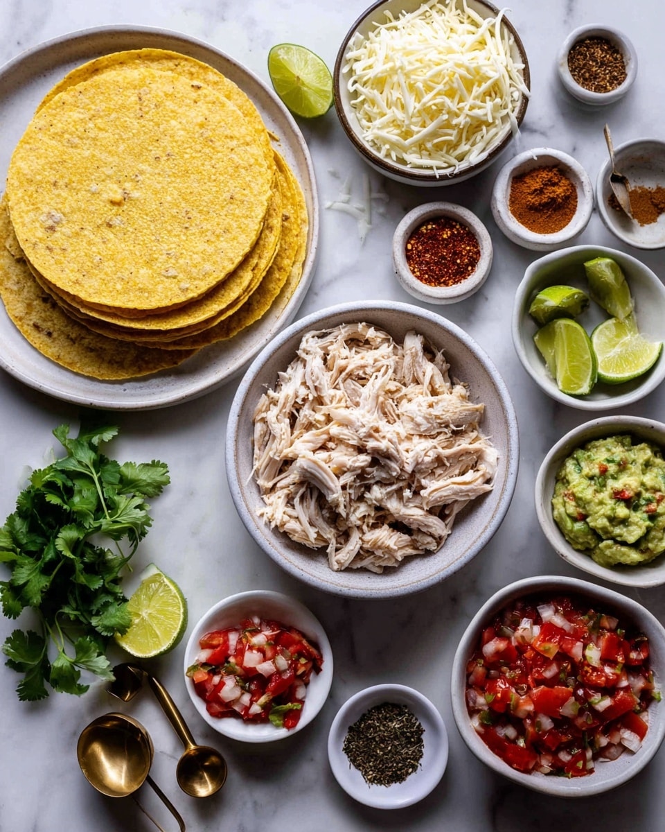 The image shows a flat lay of ingredients for making tacos arranged on a white marbled surface. On the left side, there is a stack of yellow corn tortillas on a white plate, and nearby lime wedges and fresh cilantro leaves add a touch of green. In the center, there is a bowl filled with shredded, pale cooked chicken pieces, surrounded by small bowls of finely shredded white cheese, avocado mash in a white bowl, and a fresh salsa made of red tomatoes, onions, and herbs. Several small dishes hold different spices and seasonings with distinct colors like red, brown, and black, arranged near brass measuring spoons. The overall scene is bright and inviting with a variety of textures from smooth tortillas to shredded cheese and chicken. Photo taken with an iphone --ar 4:5 --v 7
