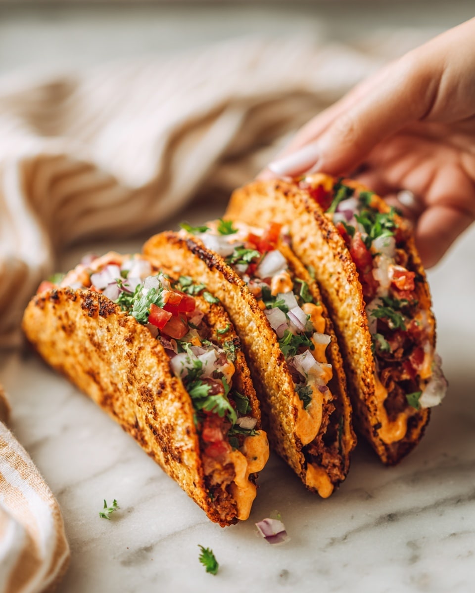 The image shows three golden-brown tacos arranged side by side on a white marbled surface. Each taco shell is crispy with a slightly charred, textured exterior and filled with a mixture of bright red diced tomatoes, white onion pieces, greens like cilantro, and an orange creamy sauce peeking out from the middle layer. A woman's hand is picking up the middle taco, gently holding it from the top edge. The background includes a soft beige and white striped cloth blurred softly. The overall look is warm and inviting with fresh and crispy textures. photo taken with an iphone --ar 4:5 --v 7