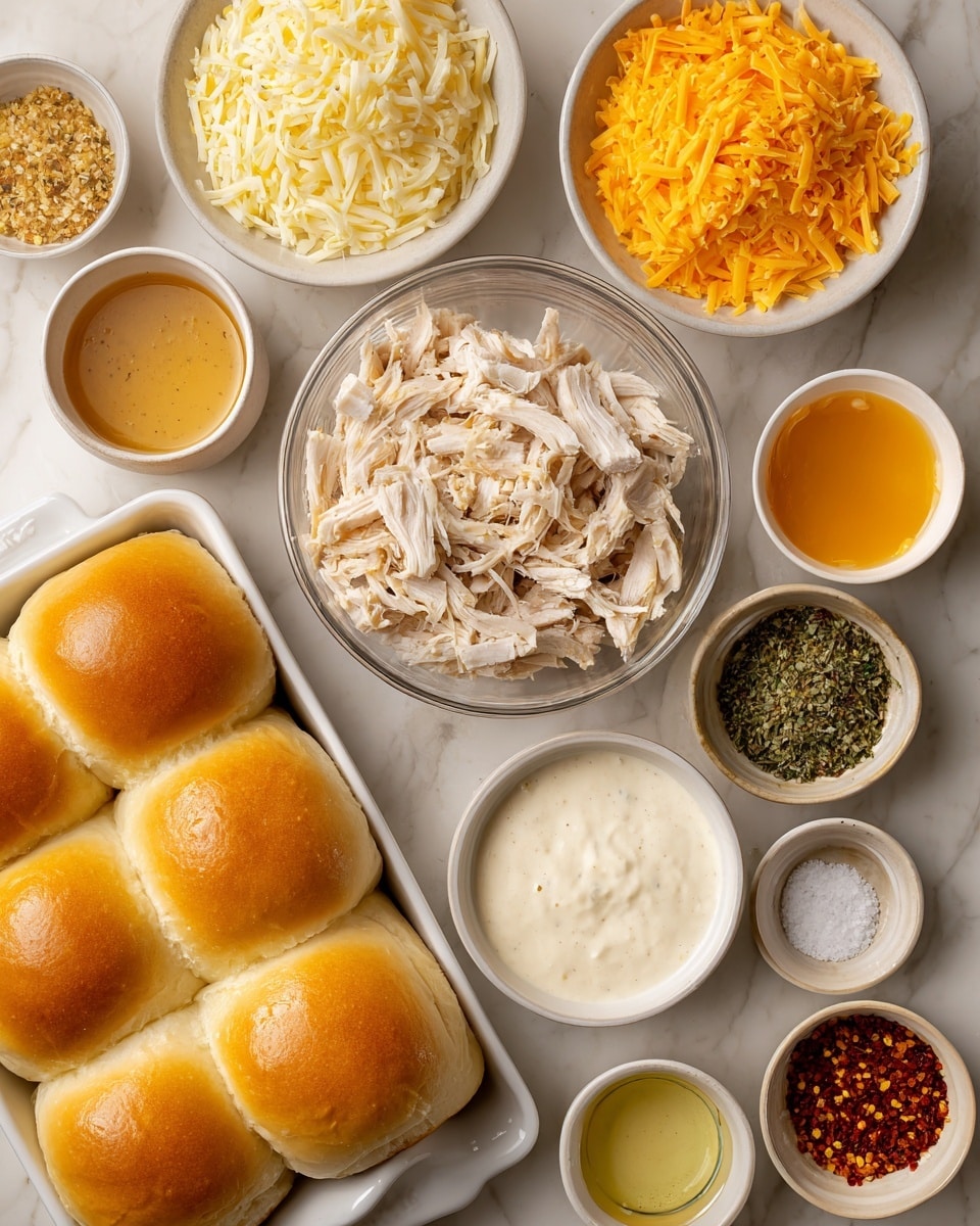 The image shows a white marbled surface with different bowls and trays arranged neatly. There are two white trays filled with golden brown dinner rolls front and center. Above the trays is a clear glass bowl filled with shredded cooked chicken. Surrounding the main items are small white bowls containing creamy white sauce with herbs, melted butter, bright orange sauce, shredded pale yellow cheese, and small amounts of crushed red spices, salt, and black pepper. The colors range from light beige and white to golden yellow and orange, creating a clean and organized look. photo taken with an iphone --ar 4:5 --v 7