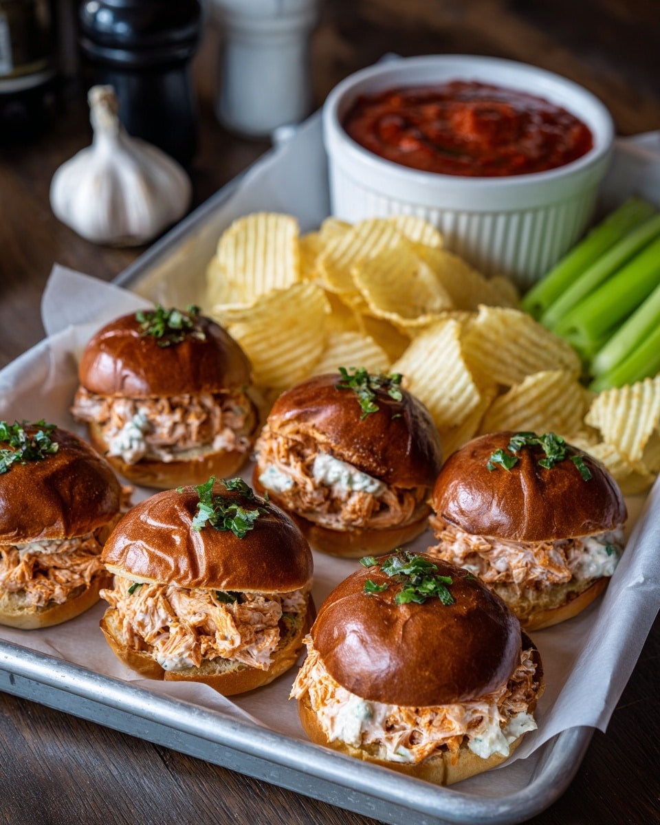 A white tray lined with crumpled white parchment paper holds a group of small sandwiches with shiny brown toasted buns topped with chopped herbs and garlic bits. Each sandwich is filled with a shredded orange filling layered with a white creamy spread, visible around the edges. To the right are pale yellow ridged potato chips and bright green celery sticks. Above the tray is a white dish filled with thick red sauce and a whole garlic bulb next to it. The background is a dark wooden texture, with a small black bottle and a white container of dip seen partially at the edges. photo taken with an iphone --ar 4:5 --v 7