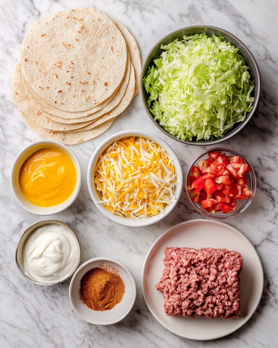 The image shows a white marbled surface with ingredients for making tacos spread out neatly. At the bottom left, there are soft, light brown tortillas stacked together. Above the tortillas is a dark bowl filled with finely shredded light green lettuce. To the right of the lettuce is a small white bowl with a mix of shredded yellow and white cheese. Next to the cheese is a small glass container with bright yellow olive oil. Below the cloth tortillas is a small white bowl filled with reddish-brown taco seasoning. On the bottom right is a light plate with a block of raw ground meat, reddish-pink in color and smooth in texture. Above the plate of meat is a small clear bowl of vibrant red diced tomatoes. To the left of the tomatoes is a small white bowl filled with creamy orange cheese sauce. Finally, in the top left corner is a small white bowl of sour cream. All items are placed on a white marbled surface. photo taken with an iphone --ar 4:5 --v 7
