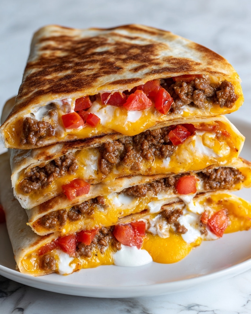 The image shows a stack of three folded quesadillas on a white plate, each cut in half to reveal layers inside. Each quesadilla consists of a golden-brown toasted tortilla on the outside. Inside, there are multiple layers visible: at the top, diced red tomatoes add bright color; below the tomatoes is a layer of melted yellow cheese that looks smooth and creamy; next is a thick layer of cooked ground beef, brown and crumbly; underneath the beef is a mix of white sauce or sour cream that looks creamy and soft, with some parts blending into the cheese; the bottom layer is another layer of melted cheese oozing slightly. The quesadillas are stacked unevenly, showing all layers clearly on a background of white marbled surface. photo taken with an iphone --ar 4:5 --v 7