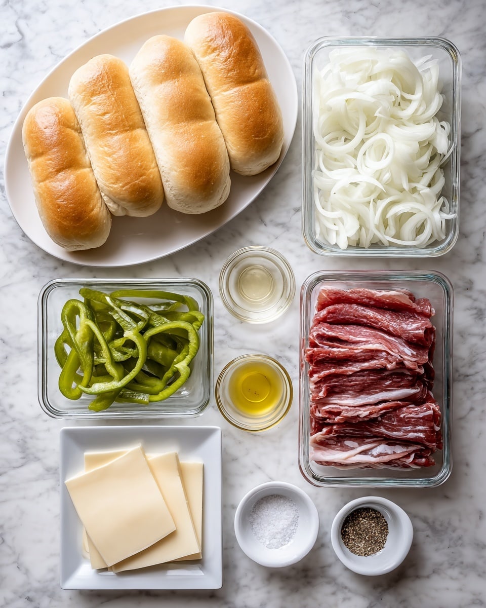 The image shows several clear glass containers and white dishes arranged on a white marbled surface. At the top left, there is a white plate with six long soft sandwich buns, golden brown on top and light beige on the sides. To the right, a rectangular glass container holds thinly sliced white onions. Below the buns, on the left side, another rectangular glass container has thinly sliced green bell peppers, bright and fresh in color. Next to it on the right is a larger square glass container filled with raw, thinly sliced red meat with some marbling. Below these, there is a small round bowl with a pale yellow liquid, likely oil, and another small bowl with coarse white salt. A matching small bowl contains ground black pepper. In the center bottom, a square white plate has four slices of pale yellow cheese stacked slightly overlapping. The entire setup is neat and clean, with every ingredient clearly visible, photo taken with an iphone --ar 4:5 --v 7