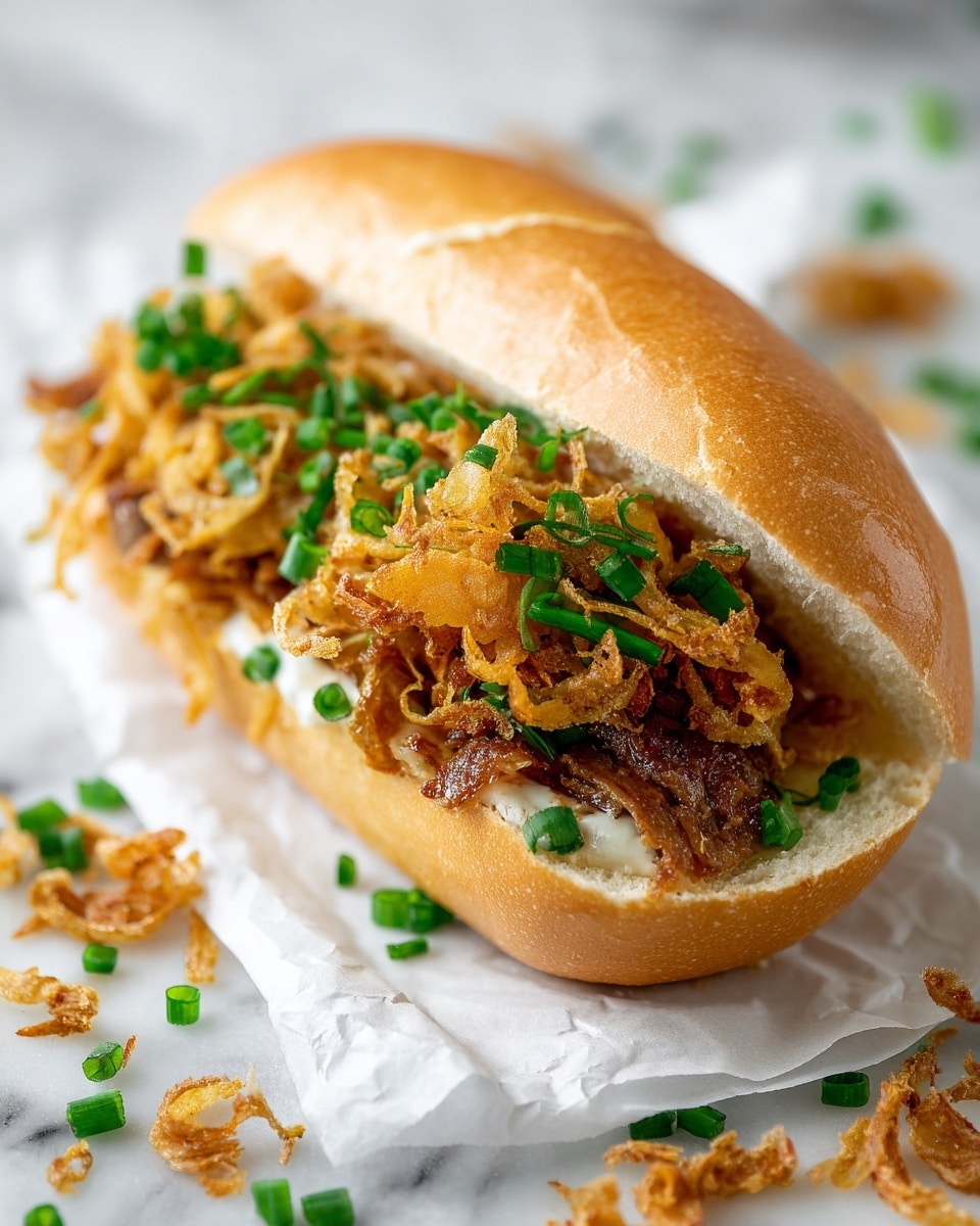 A close-up of a sandwich on a white bread roll, filled with several layers: the bottom layer is soft white bread, topped by a layer of browned thinly sliced cooked meat, covered with crispy golden-brown fried onions that spill over the sides, and sprinkled with bright green chopped chives on top. The sandwich sits on a piece of white paper on a white marbled surface, with some fried onions and chives scattered around. Photo taken with an iphone --ar 4:5 --v 7