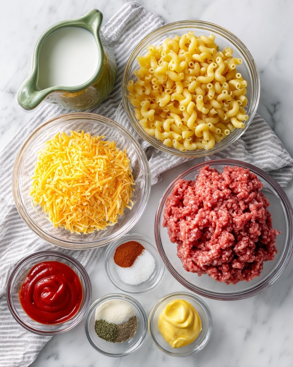 A flat lay shows six clear glass bowls of ingredients arranged on a white marbled surface with a gray striped cloth underneath some of them. The largest bowl on the right holds pink raw ground meat with a soft texture. Next to it is a bowl filled with yellow uncooked elbow macaroni with a smooth surface. Below the macaroni bowl is a smaller bowl containing five powdered spices in separate piles: white, green, black, red, and light yellow. To the left is a bowl of bright yellow shredded cheese with a slightly rough texture. Below this cheese bowl, there is a small bowl with thick red ketchup and smooth yellow mustard placed side by side. A small green ceramic pitcher filled with white milk stands to the left of the bowls. Photo taken with an iphone --ar 4:5 --v 7