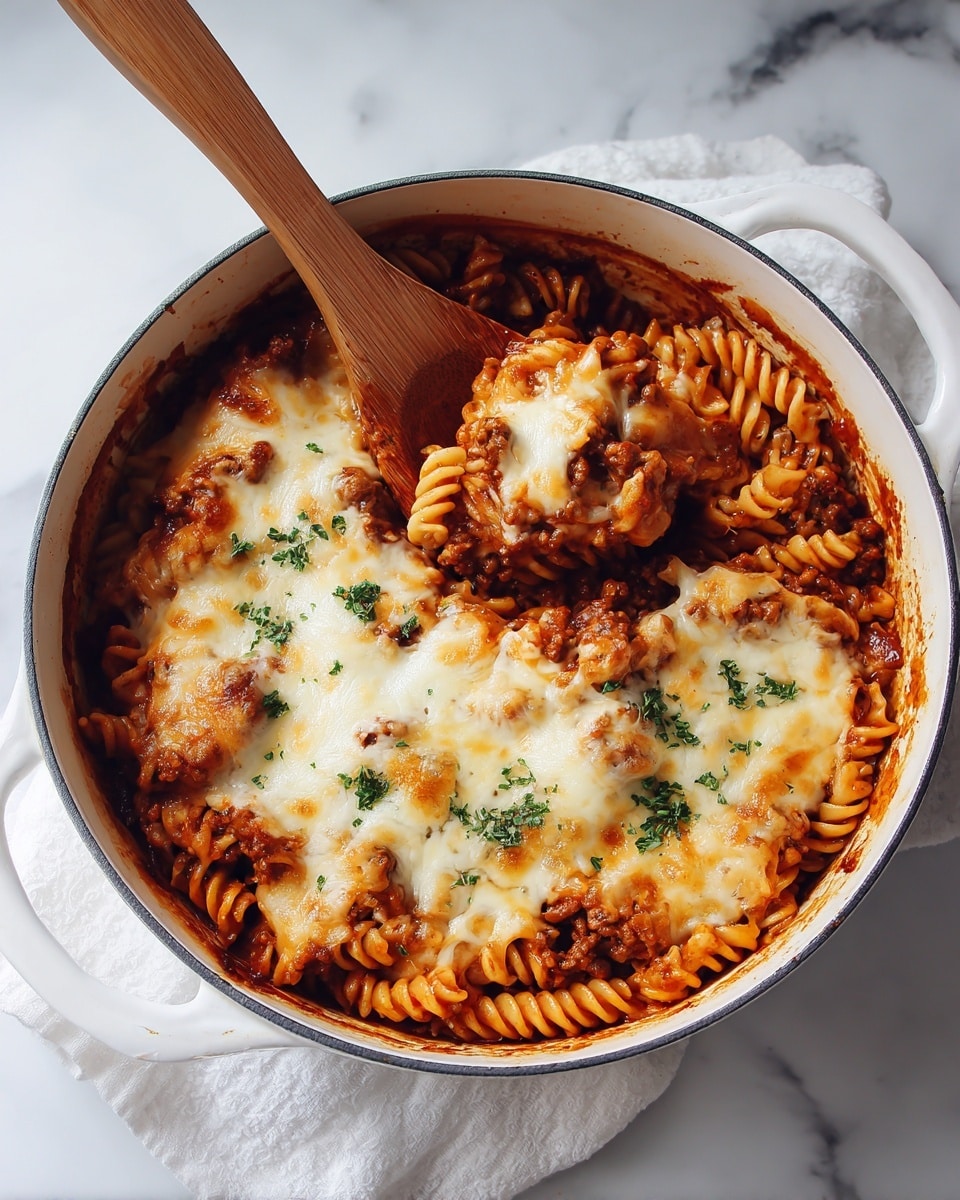 A white round pot filled with baked pasta. The dish has three main layers: at the bottom, a thick layer of brown meat sauce; in the middle, twisted pasta cooked in a reddish-orange sauce; on top, melted golden cheese sprinkled with small green parsley leaves. A wooden spoon rests inside the pot, lifting some pasta and meat sauce. The pot sits on a white cloth on a white marbled surface. photo taken with an iphone --ar 4:5 --v 7