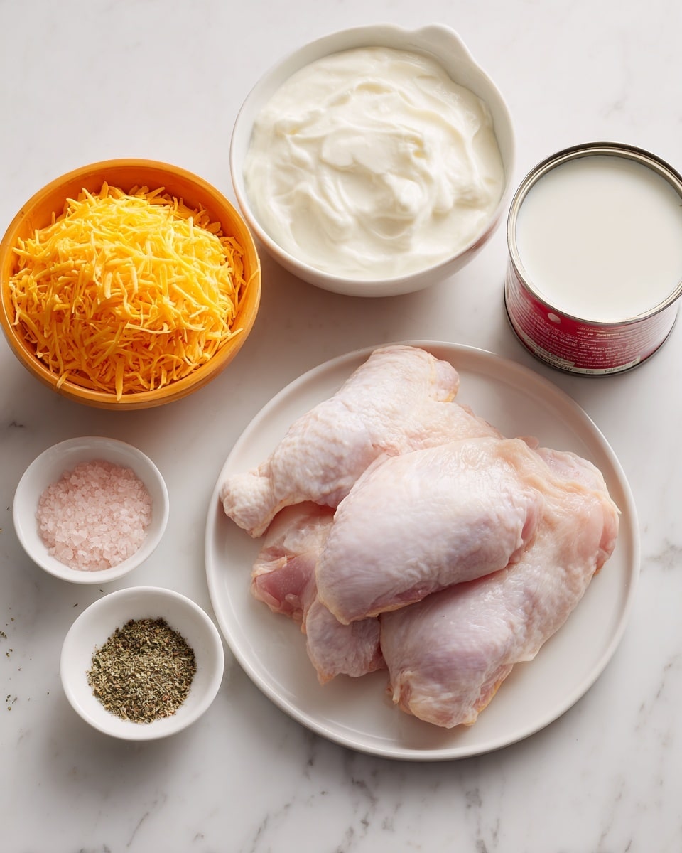 The image shows a white plate in the center with three raw pink chicken pieces stacked slightly overlapping each other. Above the plate, there is a white bowl filled with smooth, fluffy white cream. To the left, an orange bowl holds a mound of shredded orange-yellow cheese. To the right of the cream, there is a clear measuring cup filled with white milk and a red and white Campbell’s cream of chicken soup can. Below the soup can is a small white dish with mixed green and black seasoning, and next to it is a smaller white dish holding light pink salt. All items rest on a clean white marbled surface. Photo taken with an iphone --ar 4:5 --v 7