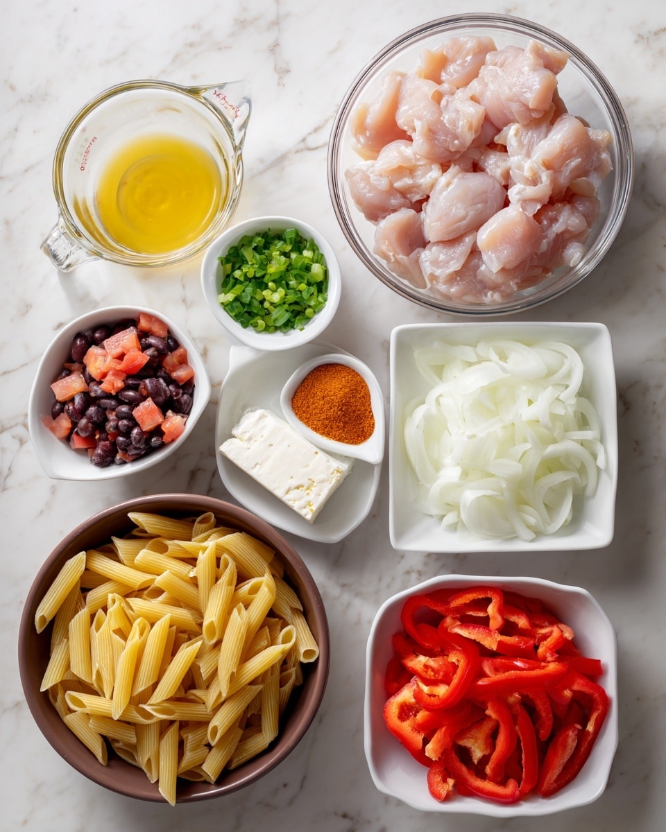 The image shows several ingredients arranged neatly on a white marbled surface. In the top right, there is a clear glass bowl filled with raw, light pink chicken pieces. Next to it, on the top left, is a clear measuring cup filled with a yellowish liquid. Below these, on the right side, is a white square plate holding thinly sliced white onions. To the left of the onions, a small square white bowl has chopped green onions, and beside it is another small white bowl with a block of white cream cheese. Near the center is a bright orange container of Cajun seasoning. Below, on the bottom right, a white square dish holds sliced red bell peppers. To the left of the peppers, a brown bowl is filled with uncooked yellow penne pasta. On the bottom left, there is a white bowl of diced tomatoes mixed with dark beans or seasoning. All items are displayed clearly, focusing on their fresh colors and textures. Photo taken with an iphone --ar 4:5 --v 7