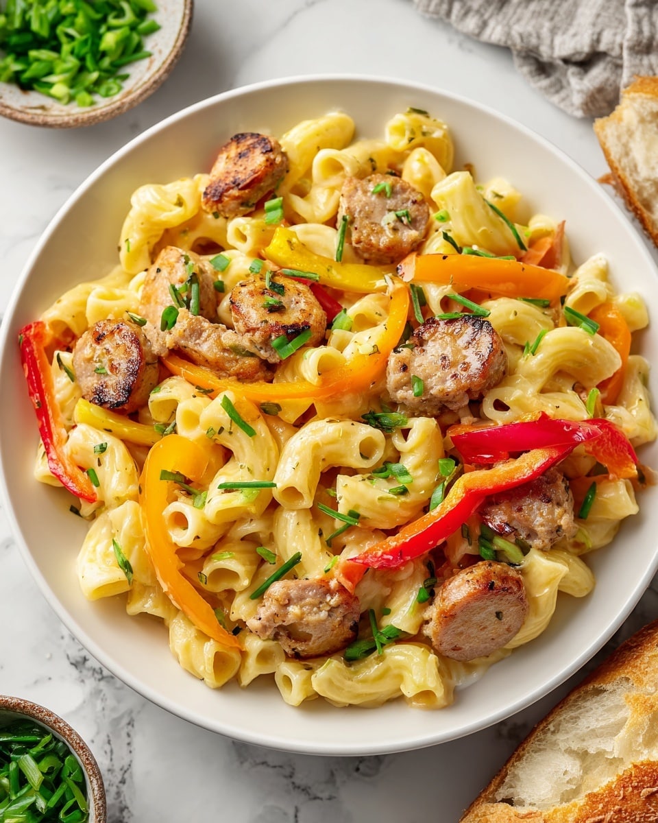 The dish shows a white plate filled with creamy yellow pasta tubes mixed with cooked sausage slices that are light brown with a slightly crispy texture. Bright red and orange bell pepper strips are layered among the pasta, adding vibrant color. On top, there are scattered green chopped scallions, providing a fresh contrast. The background is a white marbled surface, and a piece of crusty bread and a small bowl of more green scallions are partially visible near the plate. Photo taken with an iphone --ar 4:5 --v 7