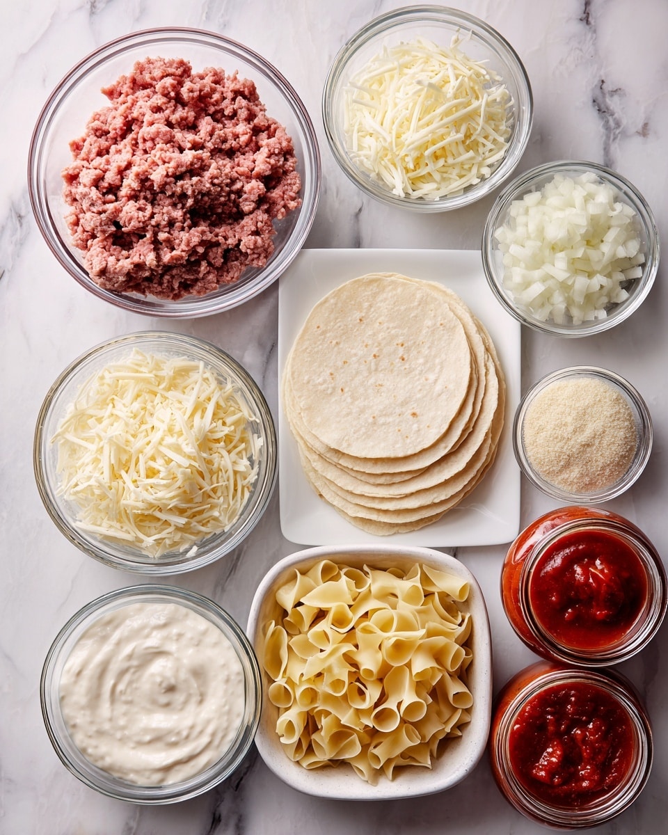 The image shows several ingredients arranged on a white marbled surface. There are seven clear glass bowls and one white square plate. In the top left, a bowl holds raw, pink ground meat. To the right, a bowl with finely chopped white onions sits behind shredded white cheese in another bowl. The white square plate contains a neat stack of round, pale dough sheets. Below the meat, a large bowl is filled with uncooked, yellow pasta pieces. To the right of the pasta is a bowl of white creamy sauce. Next to it, a small bowl holds grated pale yellow cheese or seasoning. On the far right, there are two open jars filled with red sauce, one stacked behind the other. Photo taken with an iphone --ar 4:5 --v 7