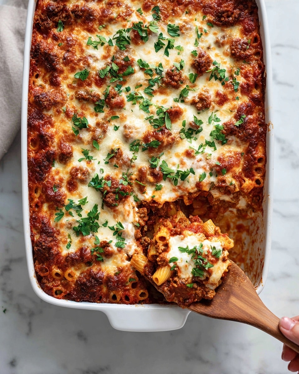 The image shows a baked pasta dish in a white rectangular casserole dish on a white marbled surface. The top layer is golden brown melted cheese with slightly browned spots and sprinkled fresh green parsley leaves. Below this is a thick layer of red tomato sauce mixed with small meat pieces, holding the pasta together. The pasta beneath is tube-shaped and cooked, coated with sauce and cheese. A wooden spoon held by a woman's hand scoops out a portion, revealing the soft pasta and sauce inside with some fresh parsley on top. photo taken with an iphone --ar 4:5 --v 7