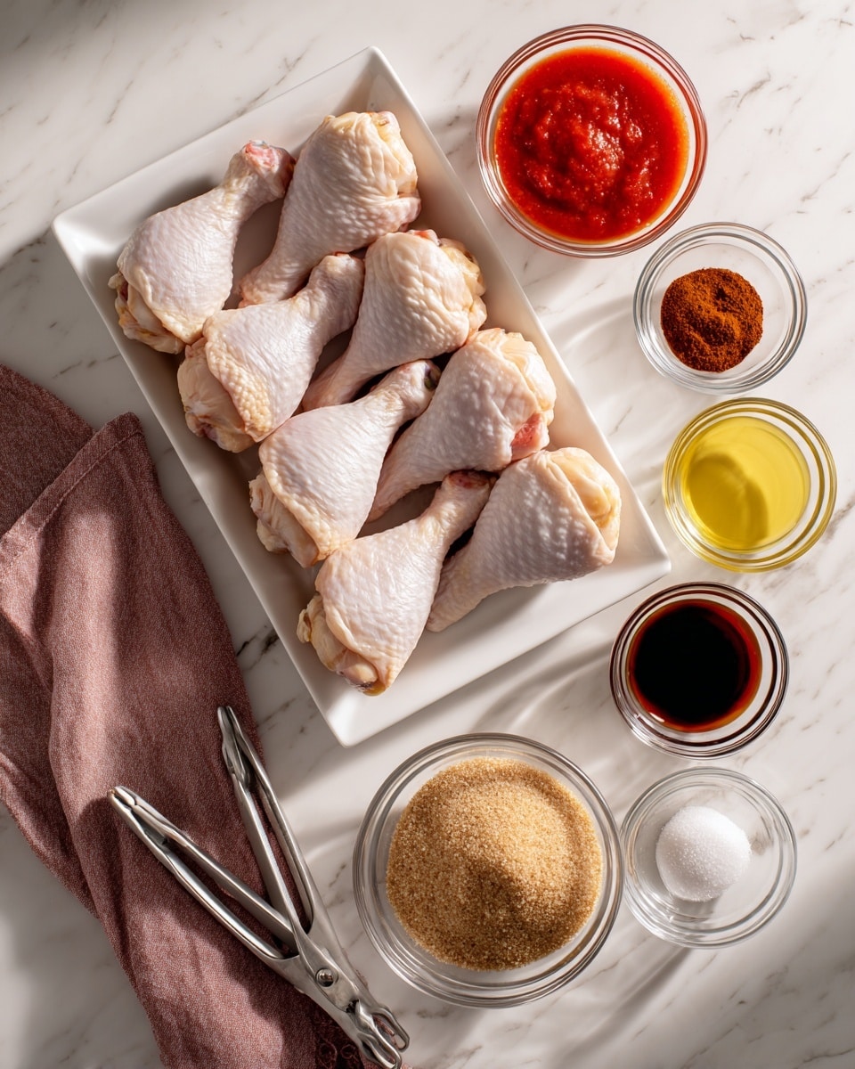 The image shows a top view of a white rectangular plate filled with eight raw chicken drumsticks arranged neatly in two rows on the left, placed on a white marbled surface. To the right of the plate, there are eight small clear glass bowls containing different ingredients: a large bowl of bright red tomato sauce at the top, three small bowls below it with dark brown, medium brown, and reddish seasoning, a medium bowl with light yellow liquid, a small bowl with dark liquid, and a large bowl at the bottom right filled with light brown brown sugar. A pair of metal tongs rests on folded white and dusty rose-colored cloths at the bottom left corner. The scene is clean and bright with natural light. photo taken with an iphone --ar 4:5 --v 7