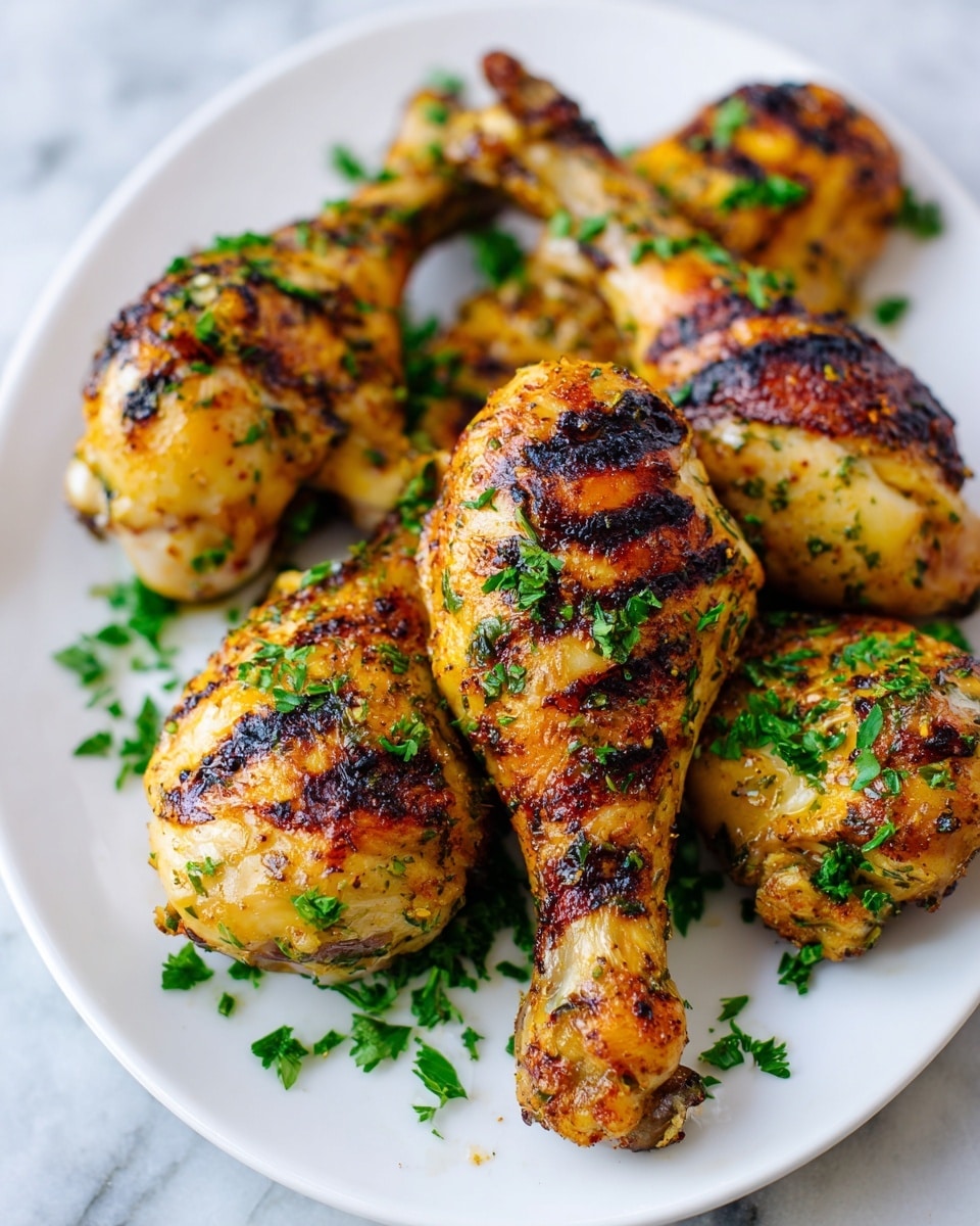 The image shows a white plate with five grilled chicken drumsticks arranged close together. Each drumstick has a golden brown color with charred grill marks and is speckled with crushed herbs and spices. Fresh green chopped parsley is sprinkled on top and around the chicken, adding a pop of color. The surface under the plate is a white marbled texture. photo taken with an iphone --ar 4:5 --v 7