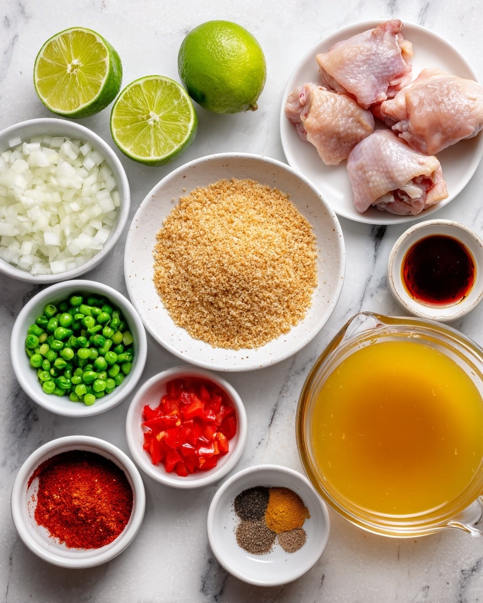 The image shows a collection of small white bowls and a white plate arranged on a white marbled surface. In the center, there is a white bowl filled with light brown breadcrumbs. Around it, there are smaller white bowls containing various ingredients: finely chopped white onions, diced red tomatoes, bright green chopped scallions, green peas, minced garlic, olive oil, and a deep red paste. There is also a small white bowl with mixed spices including dark reddish-brown, orange, black, white, and beige powders. A white plate holds several raw pink chicken thighs. Two halves of a bright green lime are placed near the top. On the right side, a clear glass measuring cup is filled with golden yellow broth. Photo taken with an iphone --ar 4:5 --v 7