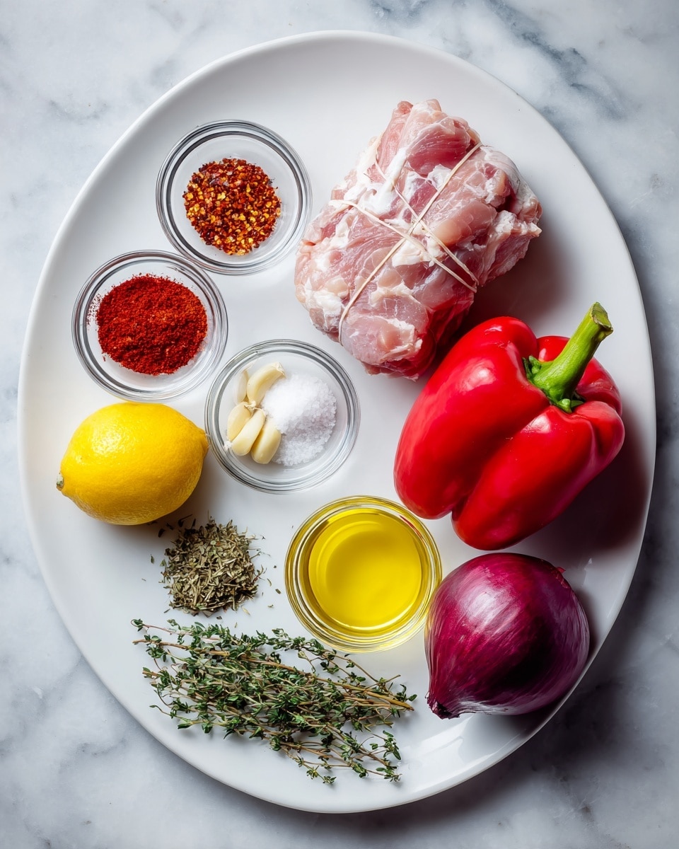 A white plate shows a raw tied piece of meat on the top left, with pale pink color and white fat. To its right, two red bell peppers with shiny smooth skin rest. Below the meat is a bright yellow lemon on the left. In the middle area, five small clear glass bowls hold different spices and liquids: top left has reddish paprika powder, top right red chili flakes, middle bottom white salt, right bottom yellow olive oil, bottom middle green dried herbs. Three peeled garlic cloves sit near the lemon and the herbs, and fresh green thyme sprigs lay on the bottom left. A whole deep purple onion with a dry top is in the bottom right corner, all set on a white marbled surface. Photo taken with an iphone --ar 4:5 --v 7