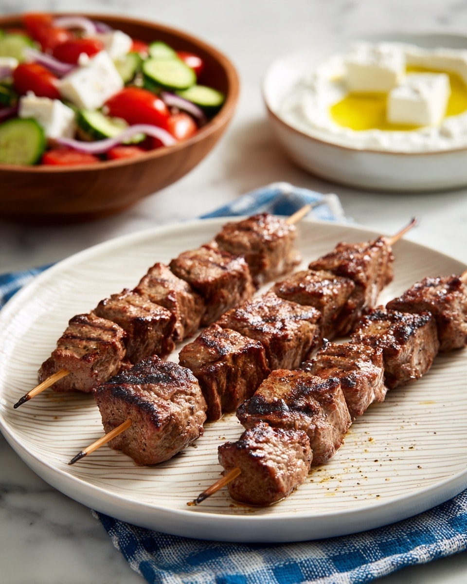 The image shows three skewers of grilled meat pieces arranged on a white round plate with subtle diagonal lines. The meat is browned with visible grill marks and has a slightly charred texture, giving it a cooked, juicy look. The plate is placed on a white marbled textured surface with a blue and white checkered cloth underneath. In the background, there is a wooden bowl filled with a colorful salad with visible white cheese, sliced cucumbers, and cherry tomatoes, and a white bowl with a creamy white sauce topped with a drizzle of yellow oil. The scene has natural lighting with soft shadows. photo taken with an iphone --ar 4:5 --v 7
