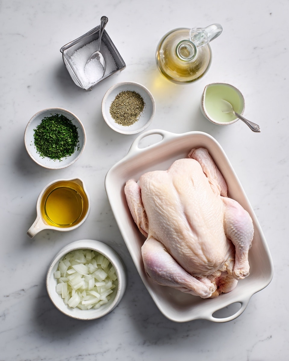 A whole raw chicken with pale skin lies in a white baking dish on the right side of the image. To the left of the dish, six small white bowls and containers are arranged on a white marbled surface. From top to bottom, there is a small metal container with a silver spoon holding coarse salt, an oil dispenser with a slim spout, a small bowl with dried green herbs, a small pitcher with golden olive oil, a small bowl of light green liquid, and a bowl with chopped white onions. The colors are soft and natural, with the white marbled surface providing a clean background. photo taken with an iphone --ar 4:5 --v 7