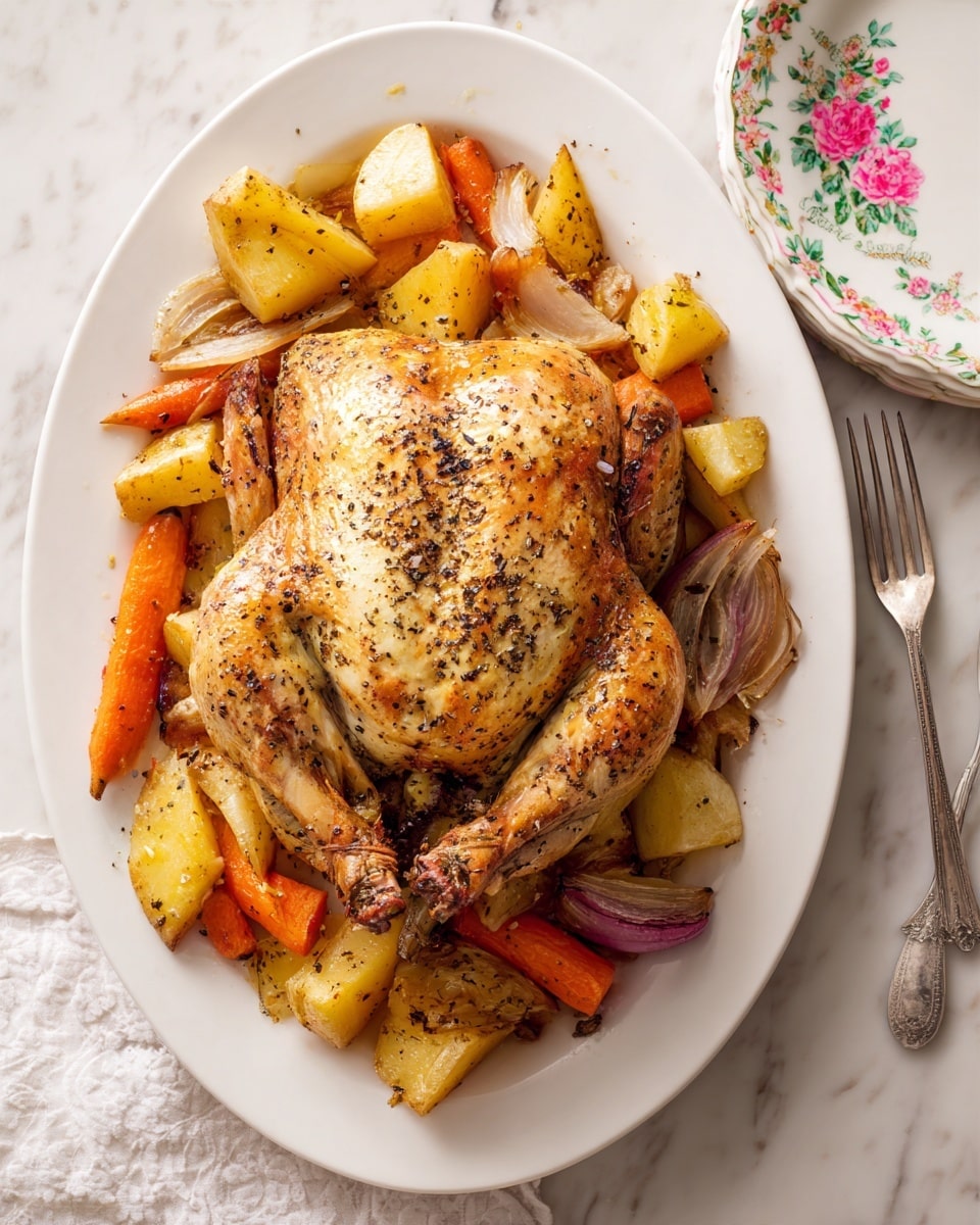 A whole golden roasted chicken sits at the center of a white oval plate, sprinkled with black pepper on its crisp skin. Around the chicken, there are chunky pieces of roasted potatoes and thick carrot sticks, their colors ranging from pale yellow to vibrant orange, mixed with some browned onions. The textures show the softness of the cooked vegetables contrasting with the crispy chicken skin. A silver fork rests leaning on the right side of the plate, which is set on a white marbled surface with a delicate floral-patterned white plate partly visible in the background. photo taken with an iphone --ar 4:5 --v 7