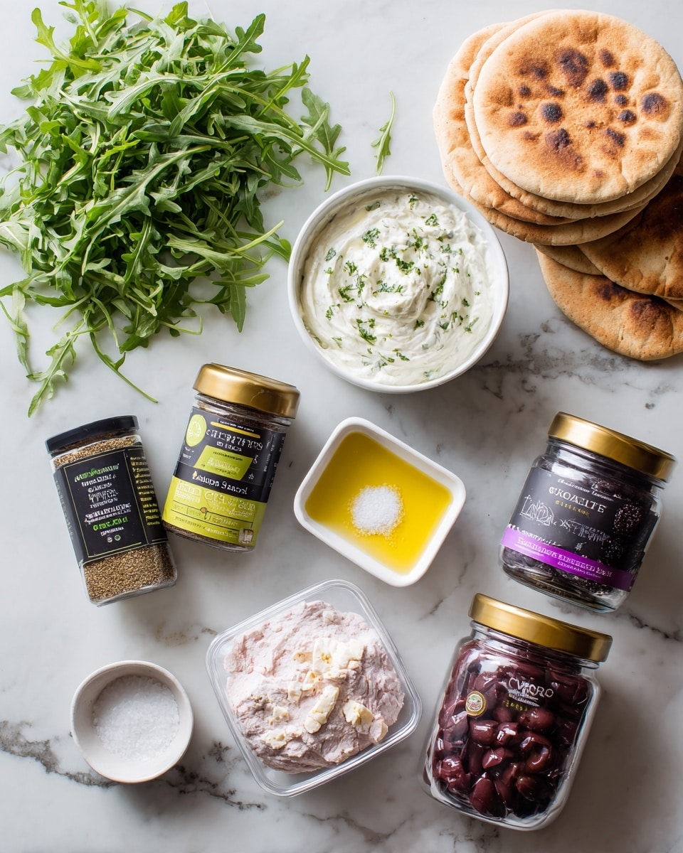 The image shows a flat lay of ingredients on a white marbled surface. At the top left, there is a bunch of fresh green arugula leaves. Next to it on the right is a white bowl filled with creamy yogurt sauce with visible green herbs mixed in. Below the arugula and sauce, there are two glass spice jars side by side; the left one contains ground black pepper with a black and green label and the right one contains garlic powder with a purple and green label. To the right of the spices, there are several round brown pita breads stacked on top of each other. Below the spices and pita, there is a small white bowl holding coarse salt and another small white bowl containing golden olive oil. In the center sits a white square container of crumbled feta cheese with a yellow label. To the right of the feta, there is a glass jar of dark purple Kalamata olives with a black label and a gold lid. At the bottom of the image is a clear plastic container holding raw organic ground turkey with visible pink strands and a green label. All items are neatly arranged with clear spacing, taken from above. Photo taken with an iphone --ar 4:5 --v 7