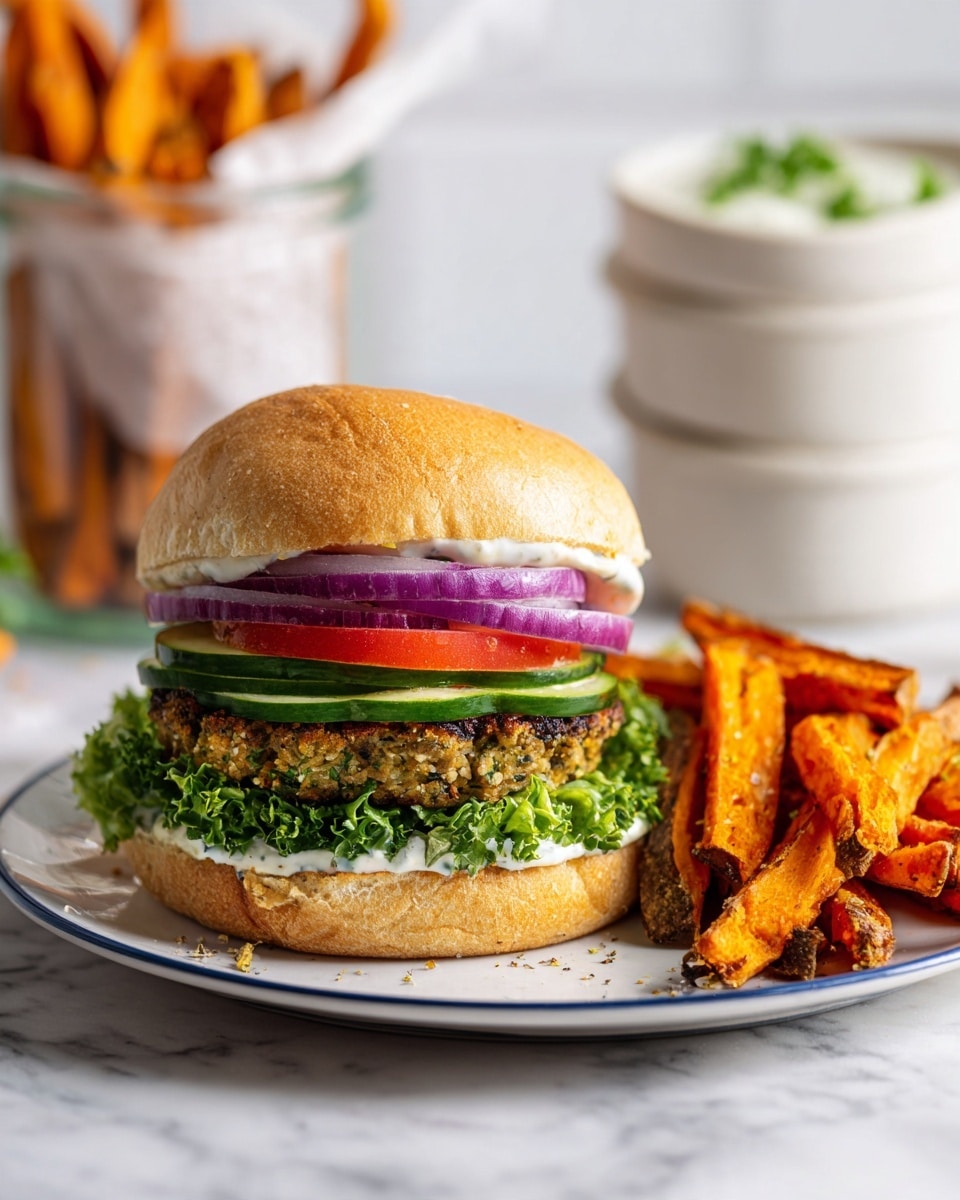 A large sandwich sits on a white plate with a blue rim, placed on a white marbled surface. The sandwich has six layers: a soft golden bun on top, thin green cucumber slices, thin purple onion rings, a bright red tomato slice, white sauce over a grilled patty that looks light brown speckled with herbs, fresh green curly lettuce, and a soft golden bottom bun. Next to the sandwich are bright orange sweet potato fries with a slight sheen and bits of white salt sprinkled on them. In the background, there is a glass jar filled with more of the fries wrapped in white paper, and two stacked white bowls with a creamy white sauce topped with green chopped herbs. The scene is bright and clean, photo taken with an iphone --ar 4:5 --v 7