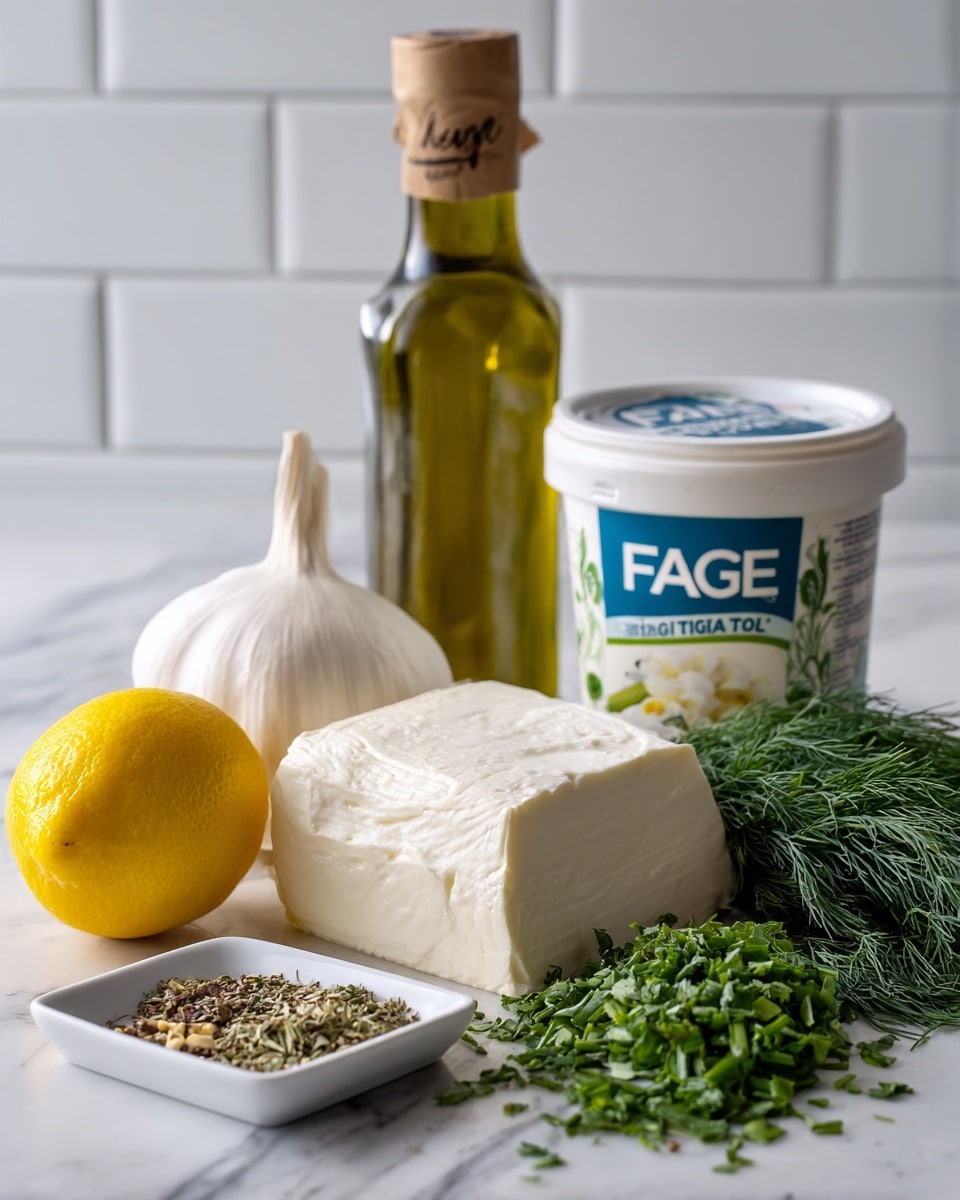 The image shows ingredients for a recipe arranged on a white marbled surface with a white subway tile background. From left to right, there is a whole yellow lemon with a smooth texture, a whole bulb of garlic with white papery skin, a block of creamy white feta cheese with a brown label, a tall green bottle of olive oil, a white container of FAGE Total yogurt with a mostly white and blue label, fresh green dill herbs spread slightly forward in front of the yogurt, and a small white square dish holding a mix of dried herbs and spices. The items are neatly placed in a line with good lighting. Photo taken with an iphone --ar 4:5 --v 7