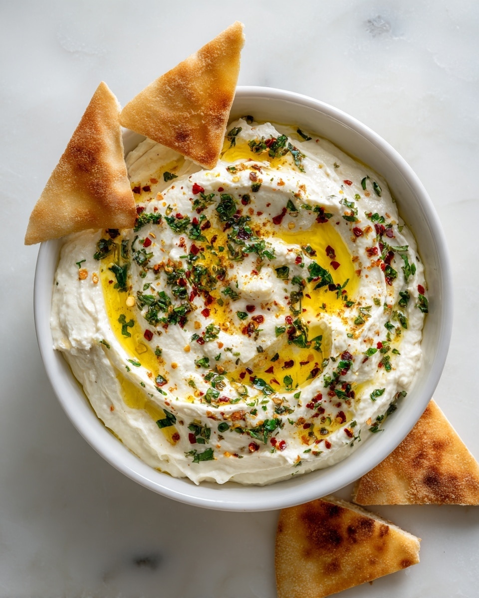 A white bowl filled with a creamy white dip with a smooth but slightly textured surface, swirled with golden olive oil and sprinkled with chopped green herbs and red pepper flakes. The bowl is topped with four triangular pieces of pita bread placed at the rim, and three more pita pieces rest beside the bowl on a white marbled surface. The overall colors are creamy white, golden yellow, green, and red. photo taken with an iphone --ar 4:5 --v 7