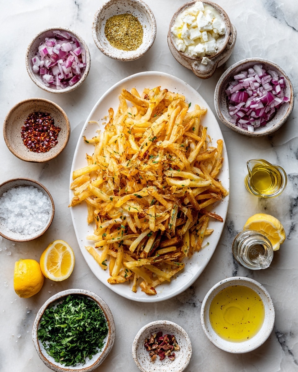 The image shows a white oval plate filled with golden-brown, crispy fries in the center on a white marbled surface. Around the plate, there are small bowls with various ingredients: chopped red onions, crushed seeds mix, white crumbly cheese, olive oil, chopped green herbs, salt and dried green seasoning, lemon wedges, a small clear jug of light liquid, and a bowl of thick white sauce. Each bowl is rustic-style with speckled edges, and the colors range from pale yellow, green, white, to purple, creating a vibrant arrangement. photo taken with an iphone --ar 4:5 --v 7