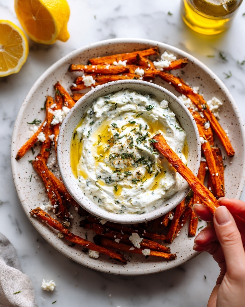 A white bowl filled with thick white yogurt sauce mixed with green herbs and a drizzle of yellow olive oil on top sits on a white speckled plate. Around the bowl, there are several brown roasted root vegetable sticks with a crispy texture, sprinkled with small white cheese pieces and green herb bits. A woman's hand is holding one of the roasted sticks, dipping it partially into the sauce. In the blurred background, there are two halves of yellow lemons and a bottle of golden olive oil on a white marbled surface. photo taken with an iphone --ar 4:5 --v 7