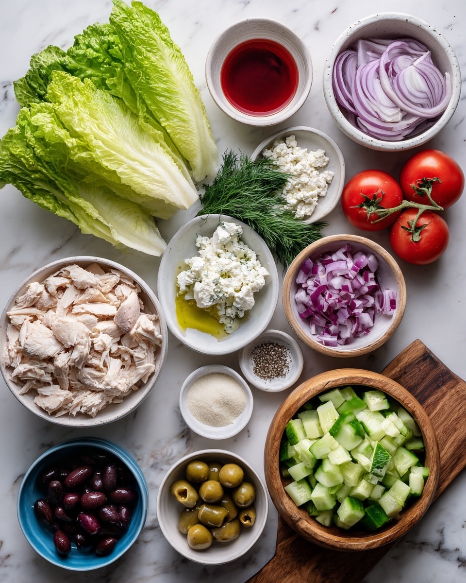 The image shows fresh salad ingredients arranged neatly on a white marbled surface. There are two large green lettuce leaves and a lighter green chopped lettuce section on a wooden board at the bottom right. Above that, a halved red onion with light purple and white layers sits next to some green dill. Near the center, a small white bowl holds crumbled white cheese next to a clear glass bowl filled with red liquid. There is another small bowl with golden olive oil below. Around the center, there are two bright red tomatoes still attached to a green vine, a small white dish with garlic powder, a wooden bowl with chunks of cooked pale chicken, a round wooden bowl filled with light green cucumber cubes, and a blue bowl of chopped red onions. All bowls and dishes are white except for the blue ones holding onions and olives. A small wooden bowl with salt and pepper also sits near the tomatoes. In the bottom left corner, there is a small blue bowl filled with sliced black olives. photo taken with an iphone --ar 4:5 --v 7