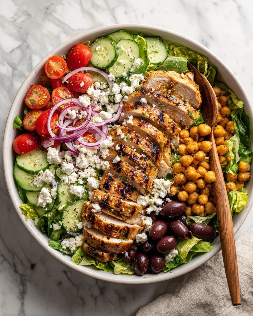 A large white bowl sits on a white marbled surface filled with a layered salad. The base layer is fresh green lettuce, topped with sliced cucumbers and halved cherry tomatoes. Scattered around are whole black olives and thin slices of red onion. There are small roasted chickpeas spread over the salad, along with crumbled white cheese on top. Four groups of grilled, sliced chicken pieces lay evenly spaced on the salad, with a golden brown color and visible grill marks. A wooden spoon rests on the edge of the bowl. photo taken with an iphone --ar 4:5 --v 7