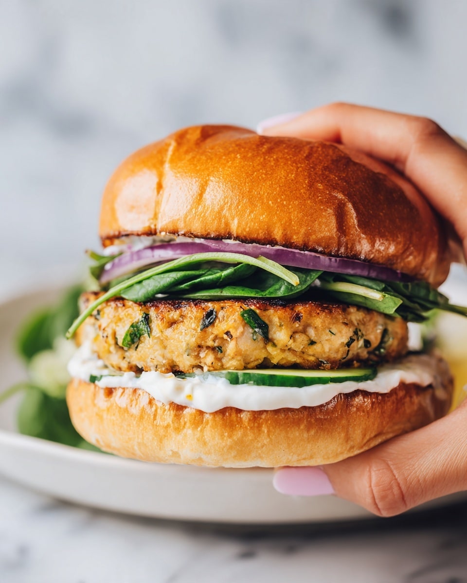 A close-up view of a hands holding a sandwich with a shiny golden-brown top bun. Inside, from bottom to top, there's a bottom bun spread with a creamy white sauce, a thick grilled patty with visible herbs and a slightly charred edge, fresh green leafy spinach, thin purple onion rings, a thick slice of green cucumber, and a final layer of creamy white sauce just below the top bun. The sandwich sits on a white plate against a white marbled surface. photo taken with an iphone --ar 4:5 --v 7