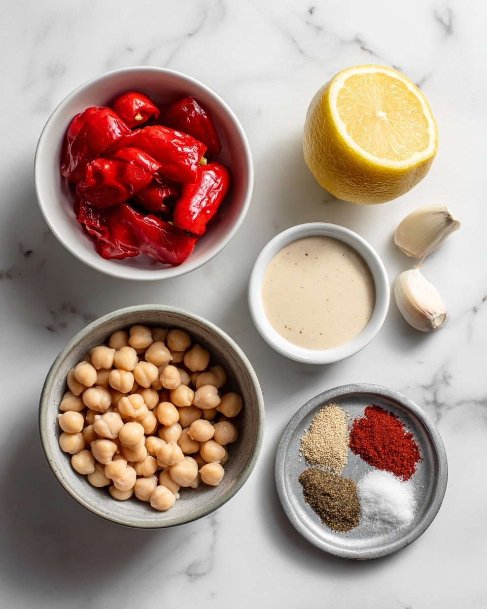 The image shows a white marbled background with several ingredients arranged neatly. At the top left, there is a white bowl with bright red roasted peppers, glistening with a slight shine and smooth texture. Below it, a gray bowl filled with light beige chickpeas with a smooth round shape is placed. To the right of the roasted peppers, there is a half lemon with a vibrant yellow color and visible citrus texture. Above the lemon, two small garlic cloves with light pinkish skin are set on the marble. Below the lemon, a small round white dish holds a beige creamy sauce with a smooth surface. Next to it on the right, a small metal plate has four types of spices arranged in sections, displaying colors of brown, dark red, and white. At the bottom left, a clear bottle with a silver top, possibly olive oil, leans diagonally. The composition is clean, simple, and bright with a natural light effect. photo taken with an iphone --ar 4:5 --v 7