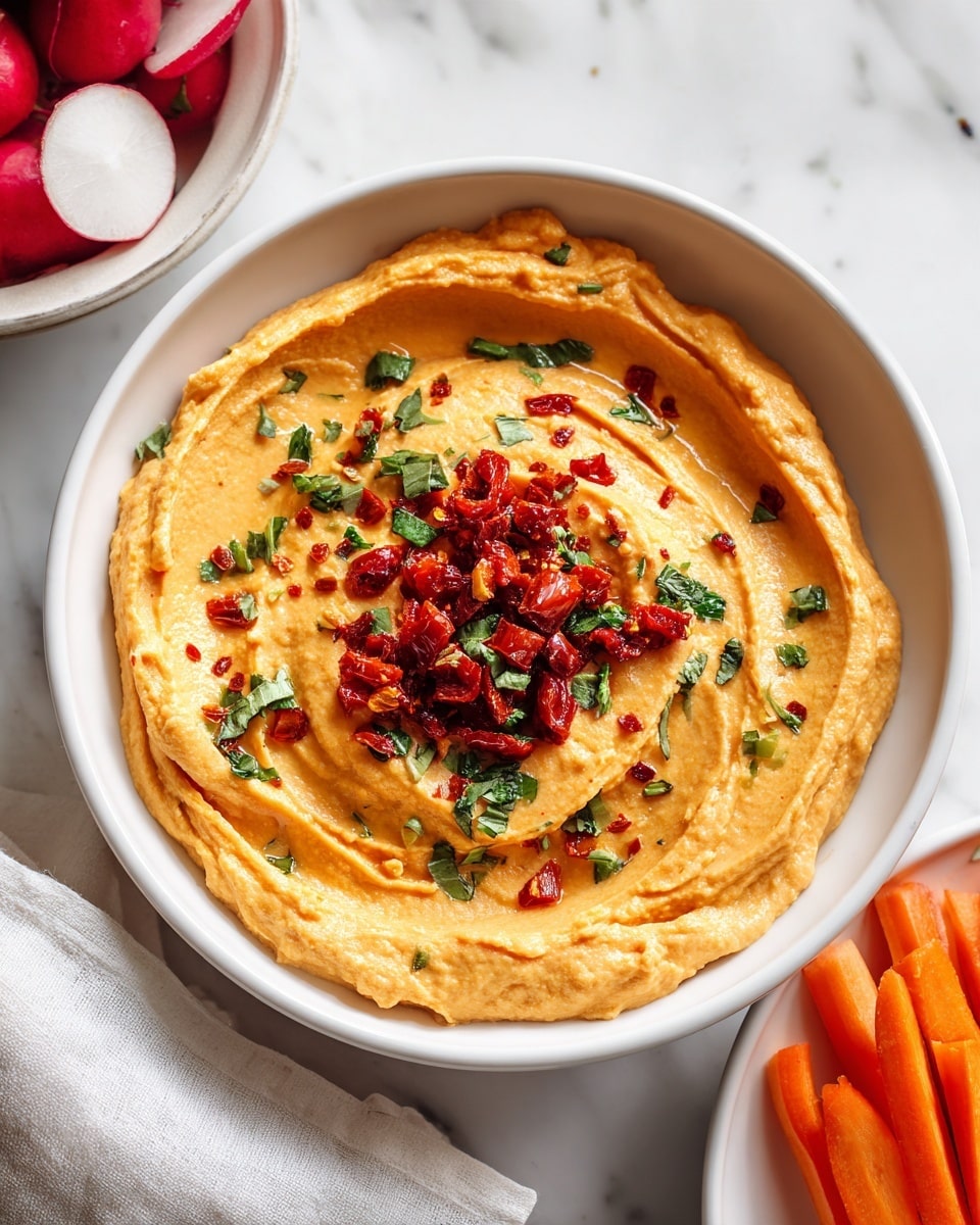 A white bowl filled with smooth orange hummus spread evenly with visible swirls on the surface. In the center, there is a pile of small bright red roasted pepper pieces, adding texture and contrast. Small green herb bits and red chili flakes are scattered lightly over the hummus, creating a colorful and fresh look. The bowl sits on a white marbled surface with part of a white cloth napkin visible nearby. In the background, there is a white bowl containing fresh vegetables including red radishes and orange carrot sticks. Photo taken with an iphone --ar 4:5 --v 7