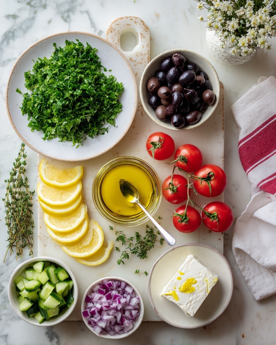 The image shows a white plate with chopped green parsley on the top left side. To the right of the parsley, there are several thin yellow lemon slices in a curved line. Below the parsley, there are two small white bowls, one with whole black olives and the other with sliced black olives. A jar of yellow dressing with visible herbs and a spoon inside is centered on the board. Five red tomatoes with green stems are scattered around the board, three grouped near the middle and two closer to the edges. On the bottom left, a small white bowl holds chopped green cucumbers. On the bottom right, a small white bowl contains chopped purple onions, with a few pieces spilled out nearby. Fresh green thyme sprigs are placed near the onions. On the top right, a small white plate holds a block of white feta cheese with a small chunk broken off. The background is a white marbled surface, with a white cloth featuring a red stripe on the right side and a vase with small white flowers in the upper corner. Photo taken with an iphone --ar 4:5 --v 7