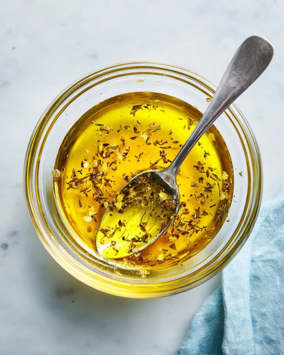 A clear glass bowl sits on a white marbled surface, filled with a golden-yellow oil mixed with small bits of dried herbs floating on top. A silver spoon rests inside the bowl, partially submerged in the oil with some oil coating the spoon’s surface. To the right of the bowl is a soft, light blue cloth partially visible. The overall look is bright and clean with natural light highlighting the shiny texture of the oil and the glass bowl. photo taken with an iphone --ar 4:5 --v 7
