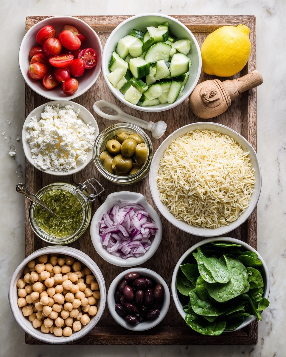 A wooden tray holds several white bowls filled with fresh ingredients for a salad or pasta dish. In the top row from left to right, there are cherry tomato halves (bright red with smooth texture), chopped cucumbers (light green with a fresh, crisp look), and a small white bowl of crumbled white cheese with a soft texture. A yellow lemon half and a wooden citrus juicer rest behind them. Below, there are finely chopped red onions (small purple pieces), a jar of green herb dressing with visible oil and herbs, a bowl of sliced green olives with pimentos, and a bowl of sliced black olives showing the shiny, dark purple color. In the bottom row on the left sits a larger white bowl filled with light beige chickpeas, and on the right, a container of fresh bright green spinach leaves with a leafy texture. On the far right side of the image, there is a large white bowl filled with pale yellow orzo pasta. The whole scene is set on a white marbled surface with a soft natural daylight. Photo taken with an iphone --ar 4:5 --v 7