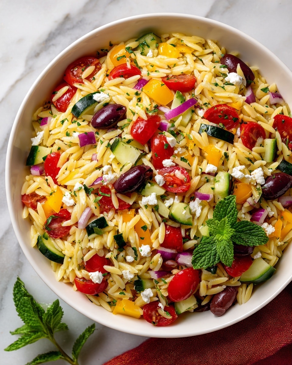 A white bowl filled with a colorful orzo pasta salad showing one layer of small, rice-shaped yellow pasta mixed with fresh, small halves of red cherry tomatoes, quartered green cucumbers, chopped yellow bell peppers, dark purple sliced olives, and thinly sliced red onions. Scattered white crumbled cheese and small chopped green herbs are sprinkled on top. A small cluster of fresh green mint leaves sits near the center, and the bowl is placed on a white marbled surface with a reddish cloth partly visible at the bottom right corner. photo taken with an iphone --ar 4:5 --v 7
