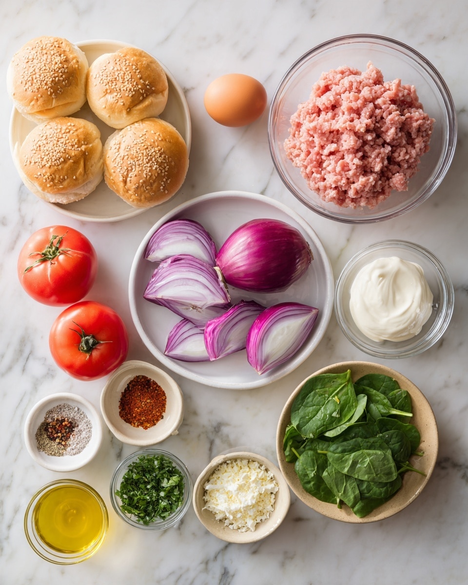The image shows various ingredients arranged neatly on a white marbled surface. In the top right, a large clear glass bowl holds pale pink ground meat. Below it, a small clear glass bowl contains white creamy sauce. To the left of the meat bowl is an orange egg, and near it, a small beige bowl with a mix of red pepper flakes, ground black pepper, salt, and another spice. Center left features a white plate with several large purple onion slices and two whole red tomatoes. Above it is a beige plate with fresh green spinach leaves. Below, a brown plate holds chopped parsley and finely chopped red onion. A small clear bowl with white crumbled cheese and a tiny clear dish of golden olive oil are nearby. On the far left, a group of five seeded sandwich buns with a golden brown crust complete the arrangement. Photo taken with an iphone --ar 4:5 --v 7