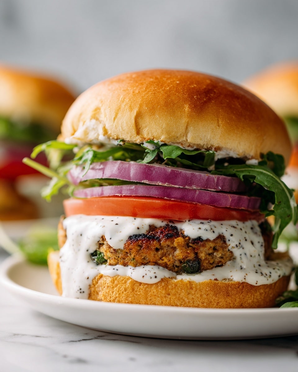 A close-up view of a burger on a white plate, set on a white marbled surface. The burger has five layers: the soft golden-brown top bun, two slices of deep red onion just below it, bright red tomato slices under the onion, a leafy green mix of arugula with a creamy dressing placed on a brown grilled patty with visible herbs inside, and a thick layer of white sauce with black pepper spread on the golden-brown bottom bun. The white sauce slightly drips over the edge of the bun. Photo taken with an iphone --ar 4:5 --v 7